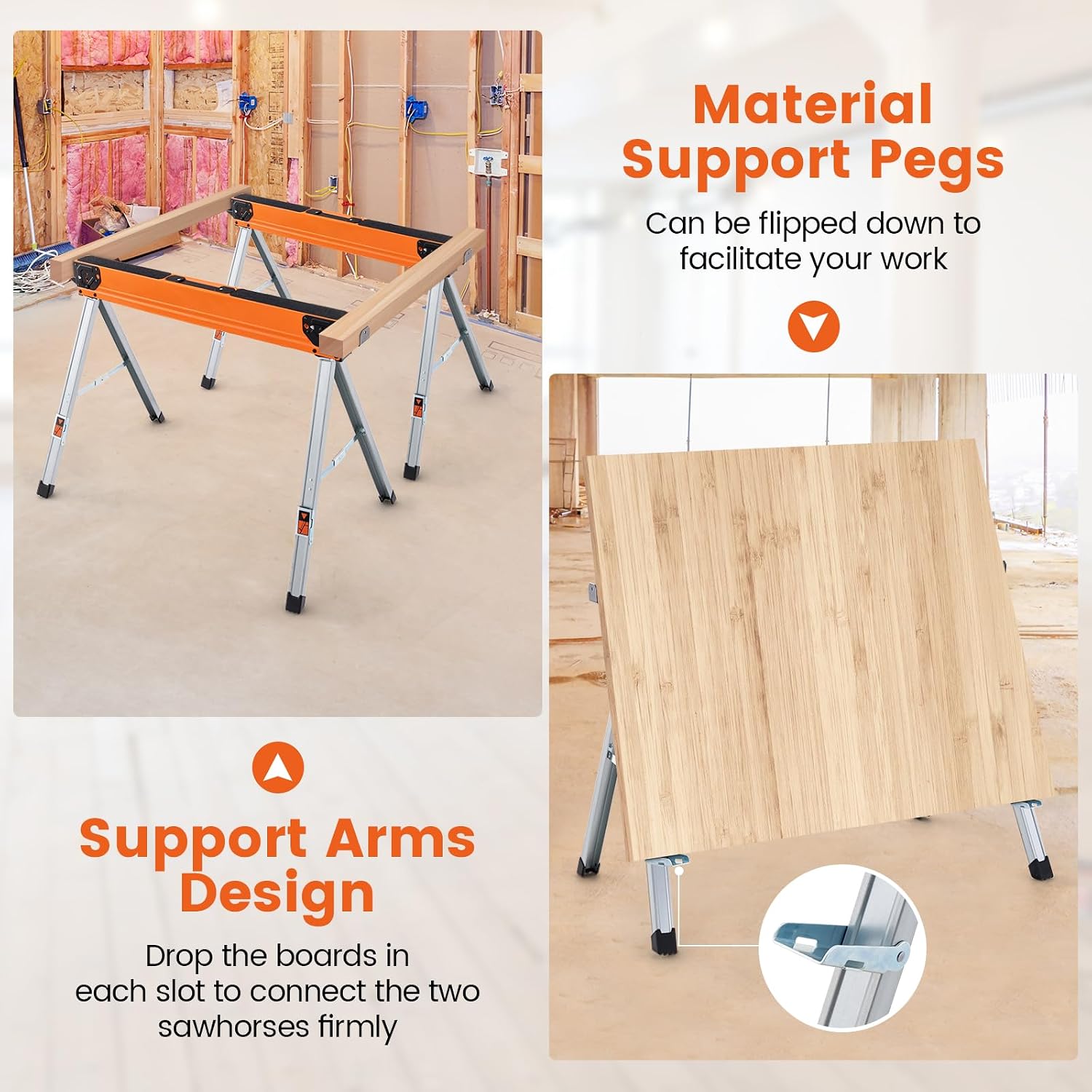 S AFSTAR Saw Horses 2 Pack Folding, Heavy-Duty Metal Sawhorses with 2 x 4 Support Arms & Quick Open Legs, Flip-down Pegs, Each Load 1100 lbs, Portable Worktable Twin Pack for Woodworking Carpenters