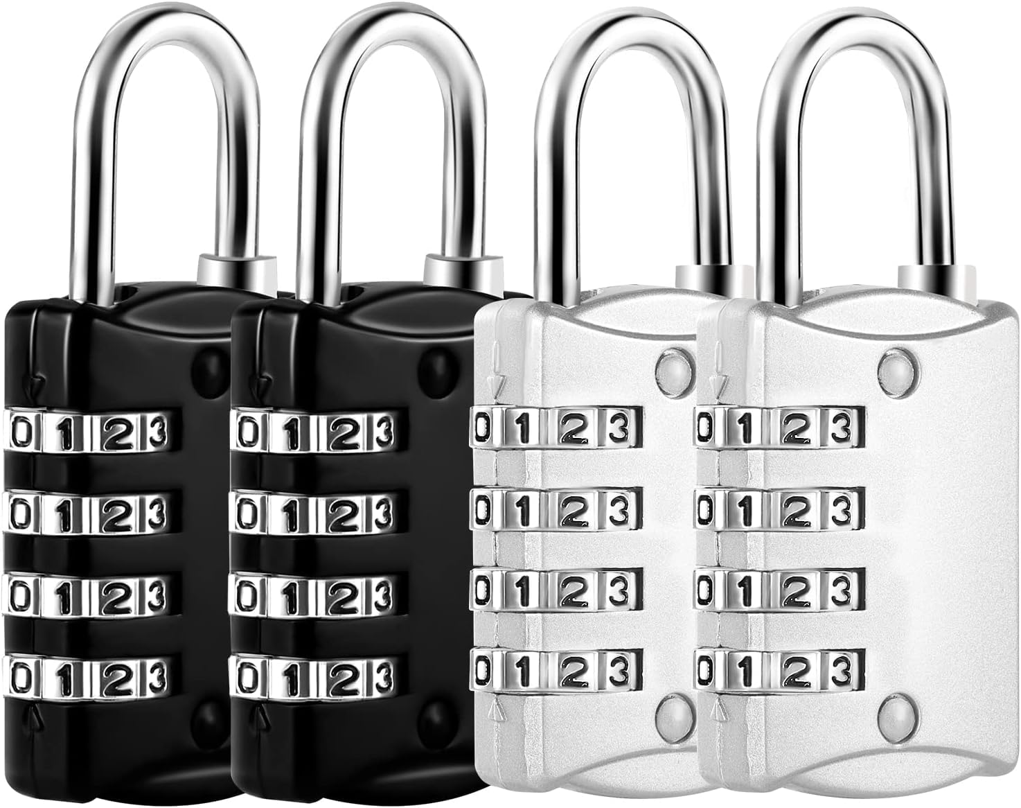 4 Stück Vorhängeschloss Zahlenschloss Klein, 4 Stellig Kofferschloss Schloss mit Zahlencode Gepäckschloss Spindschloss für Rucksack Fitnessstudio Schule (Schwarz, Silber)