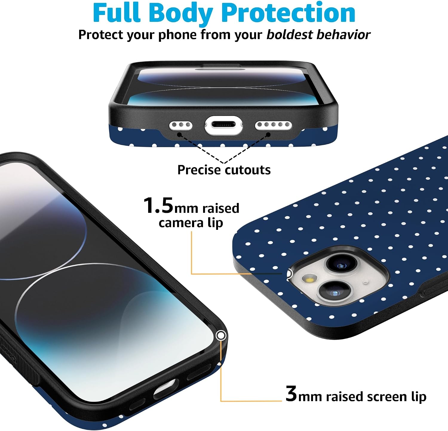 Casely iPhone 15 Case | On the Dot | Navy Polka Dot | Bold Protective Design | Compatible with MagSafe