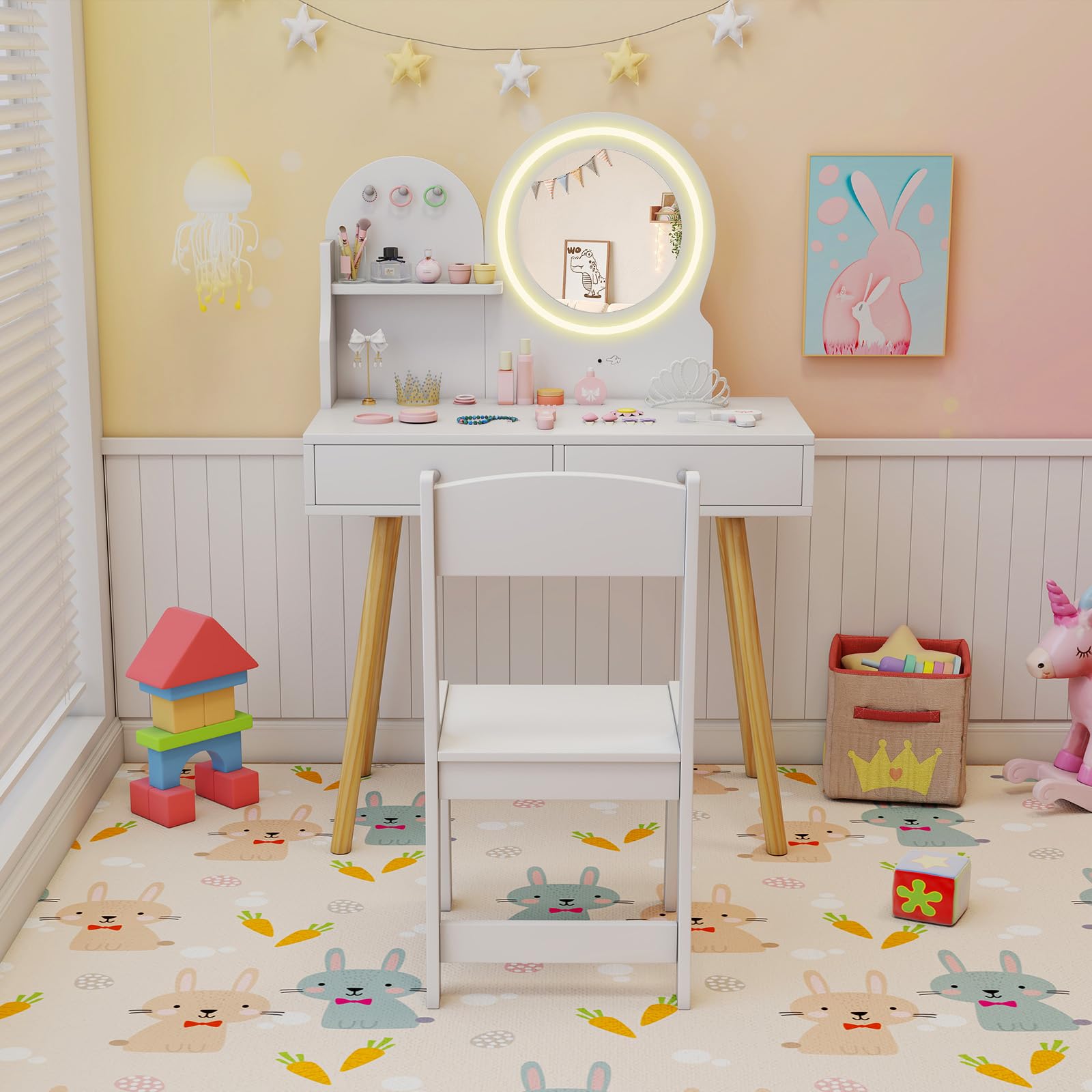 COSTWAY Tocador Niña, Tocador de Maquillaje Niña con Espejo Iluminado, Juego de Mesa y Silla de Princesa con Espejo y Luces, Estante Abierto, Ganchos y Cajones (Blanco)