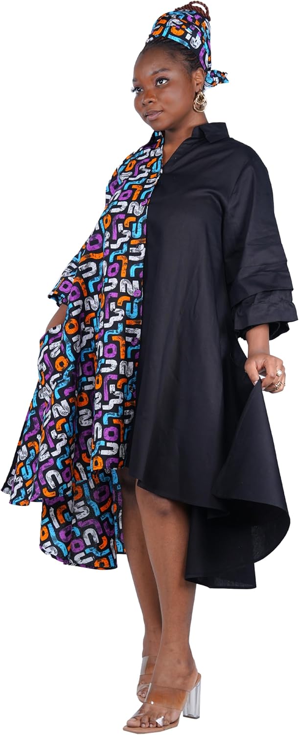 African Dresses for Women Ankara Short Swing Dress Dashiki Ethnic Boho Tunic with Pockets & Toggle Buttons,Cotton Midi Outfit - Image 2