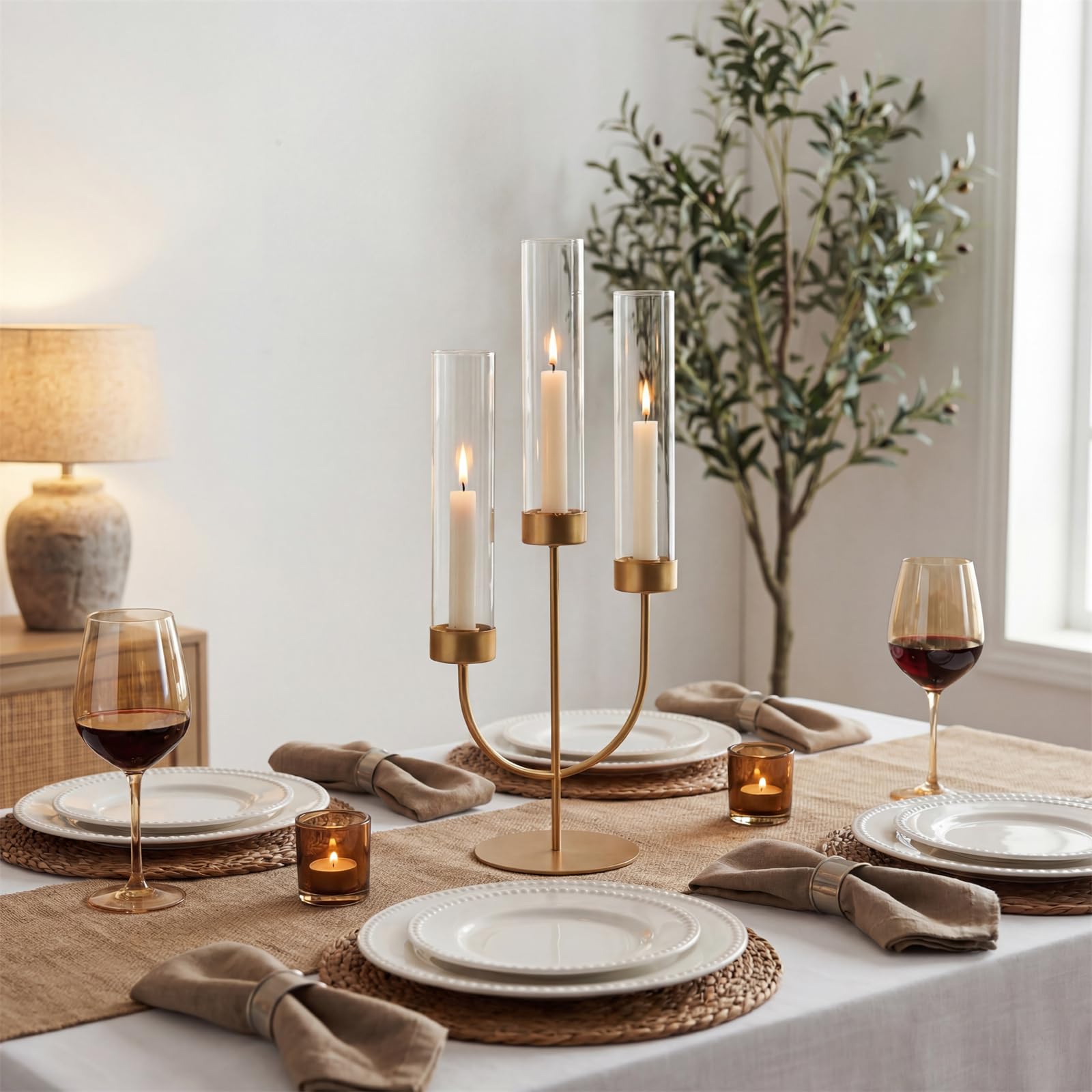 Sziqiqi Candelabro Oro: Centro de Mesa con 3 Brazos y Cristal Antiviento para Decoración de Navidad - Candelero Moderno para Exteriores