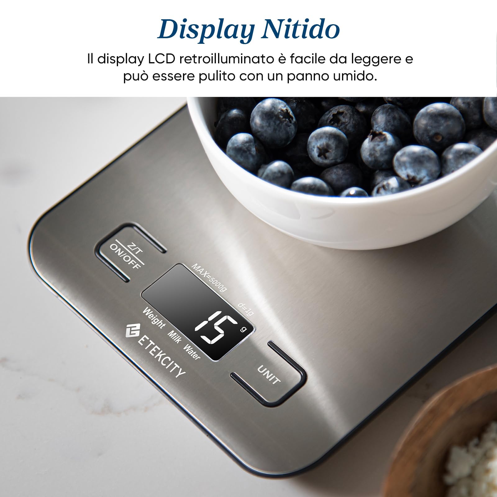 ETEKCITY Bilancia da cucina digitale elettronica da 5 kg con grande display LCD, bilancia da cucina ultra sottile, in acciaio inox, misurazione dei liquidi, alta precisione fino a 1 g, funzione tara