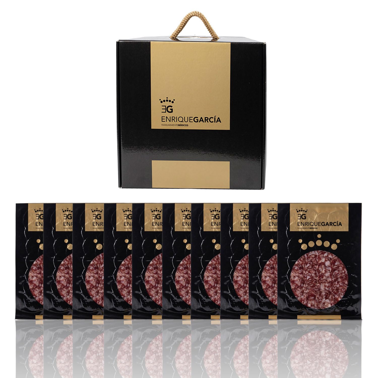 ENRIQUE GARCÍA - Salchichón Ibérico de Bellota, 10 Sobres Envasados al Vacío de, 100 g Aprox. Acabado plástico. Caja regalo de cartón