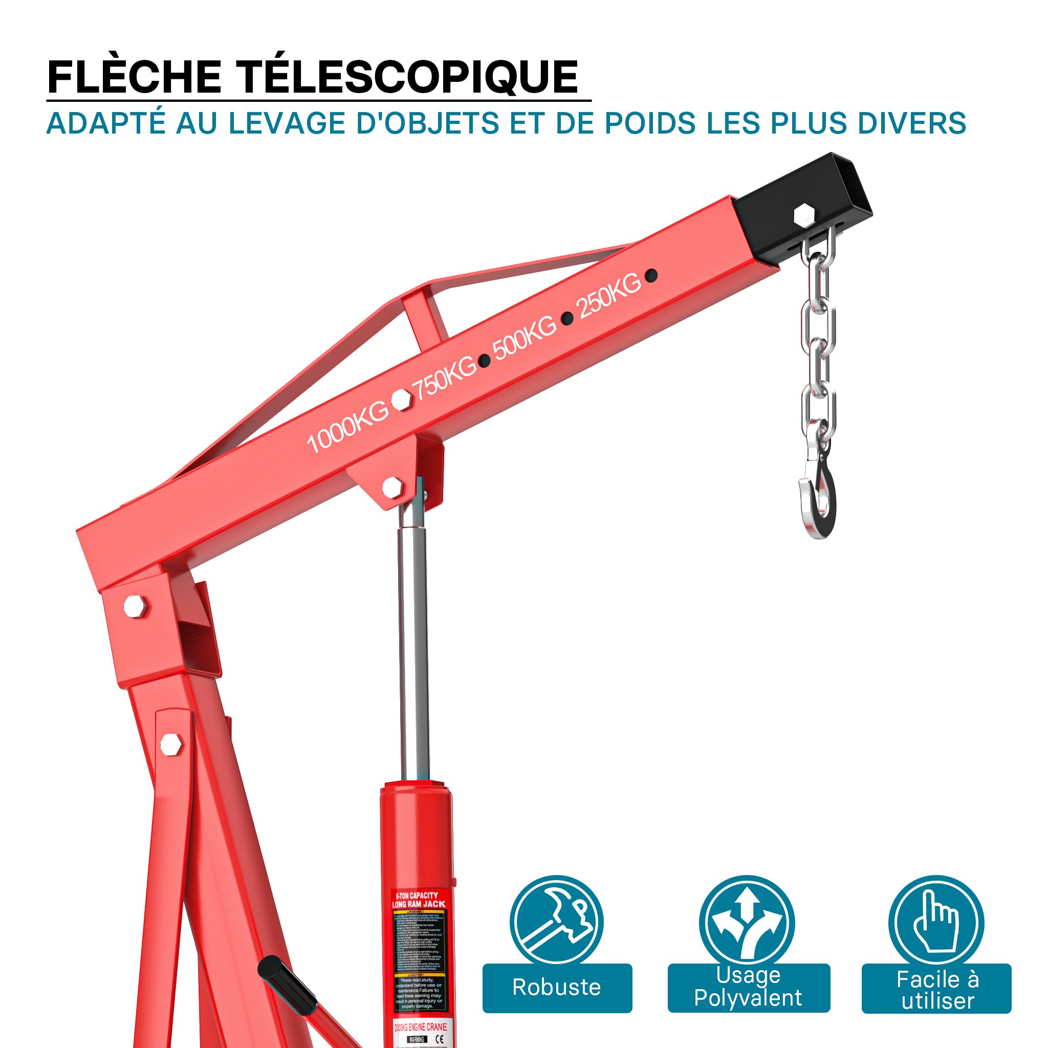 Wiltec Grue d’Atelier – Capacité Max. 1000 kg – Hauteur Max. 1840 mm – Bras Levage 857-1133 mm – Chèvre d’Atelier en Acier – Lève-Moteur Hydraulique Pompe Double Dispositif de Levage