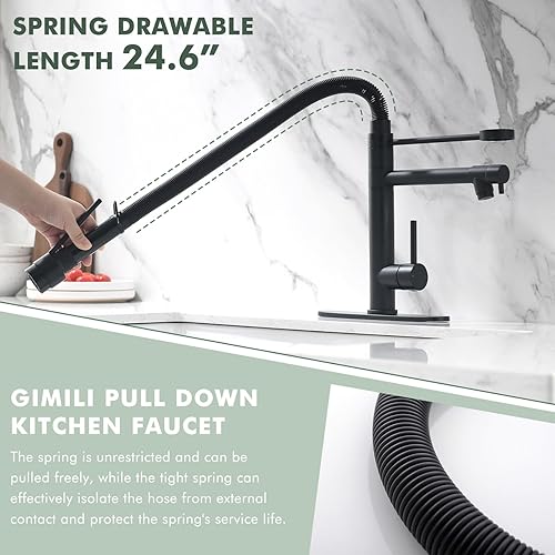 Miniatura 3 de GIMILI Grifo de fregadero de cocina negro de doble caño comercial con rociador desplegable