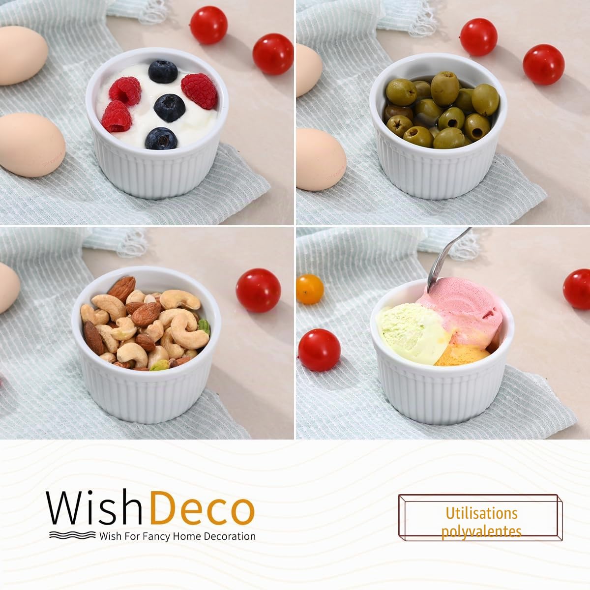WishDeco Lot de 6 Ramequins, 200 ml Ramequin Creme Brulee, Moules à Soufflé en Porcelaine, Plat à Four Blanc pour Muffin, Gâteau, Dessert, Sauce