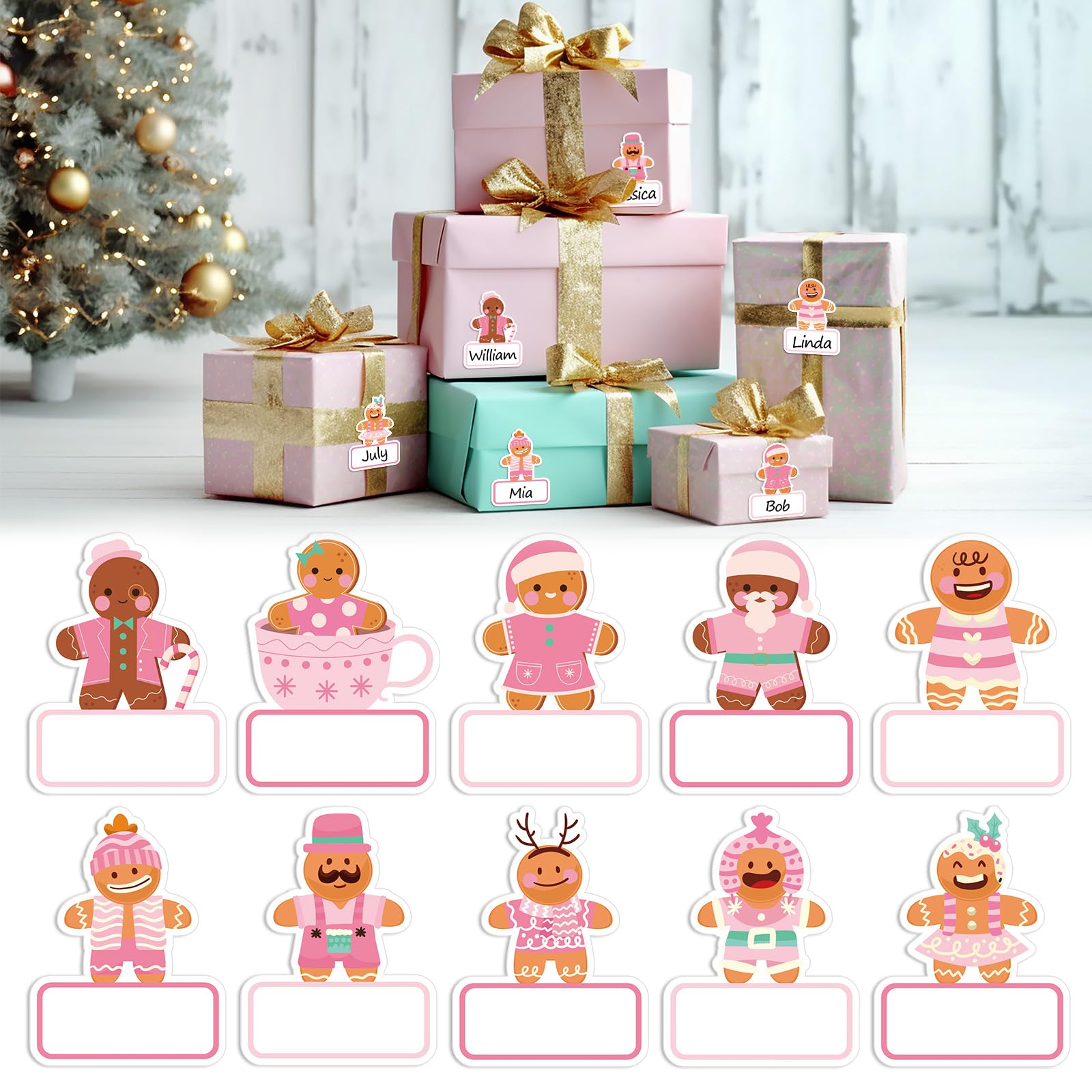 Whaline 120Pcs Christmas Gingerbread Name Tag Stickers Pink Xmas Cartoon Gingerbread Man Self-Adhesive Gift Label Decals for Winter Holiday Birthday