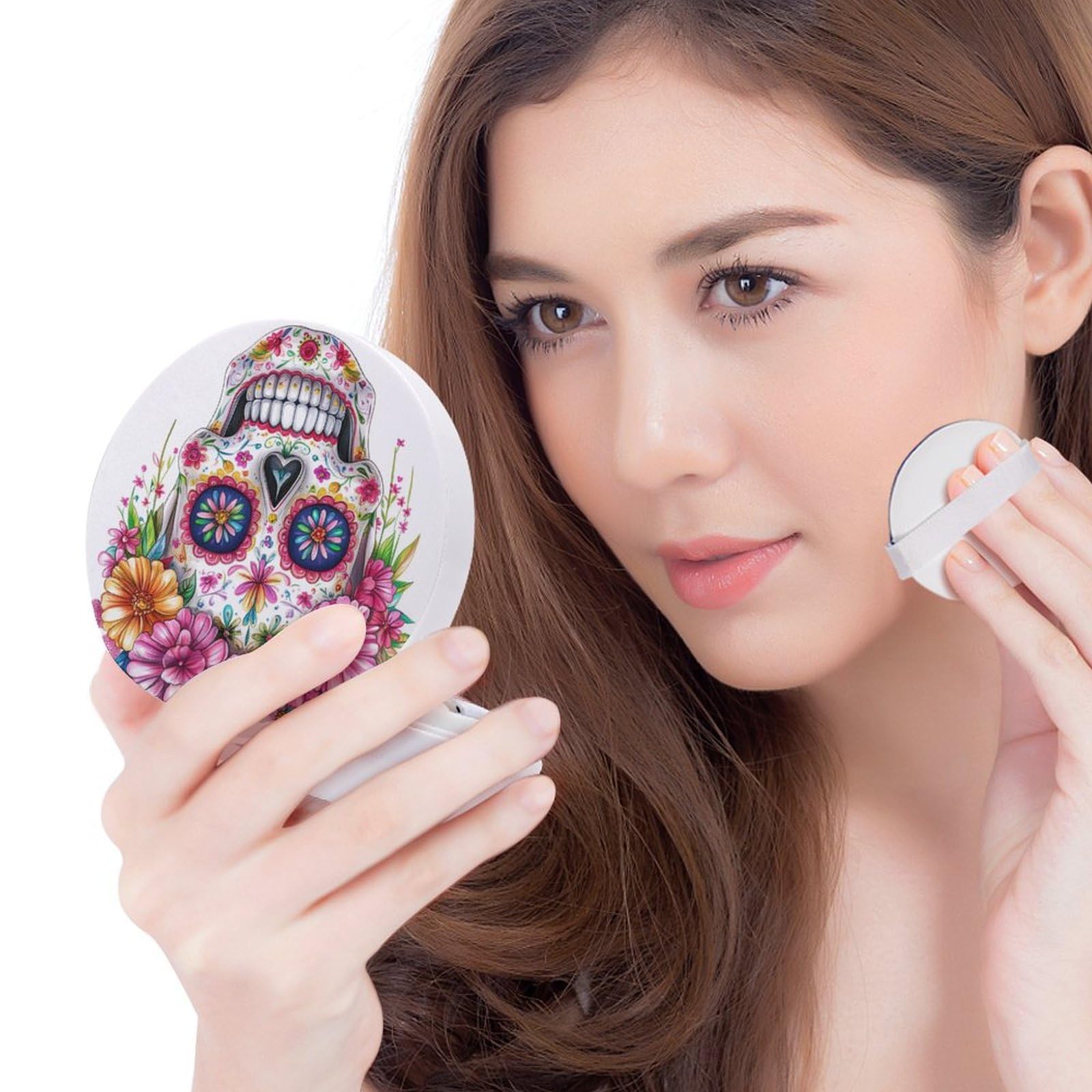 Hayyett Skull with Pink Flowers Air Cushion Puff Box Portable Cosmetic Makeup Case Container,Loose Powder Foundation Container