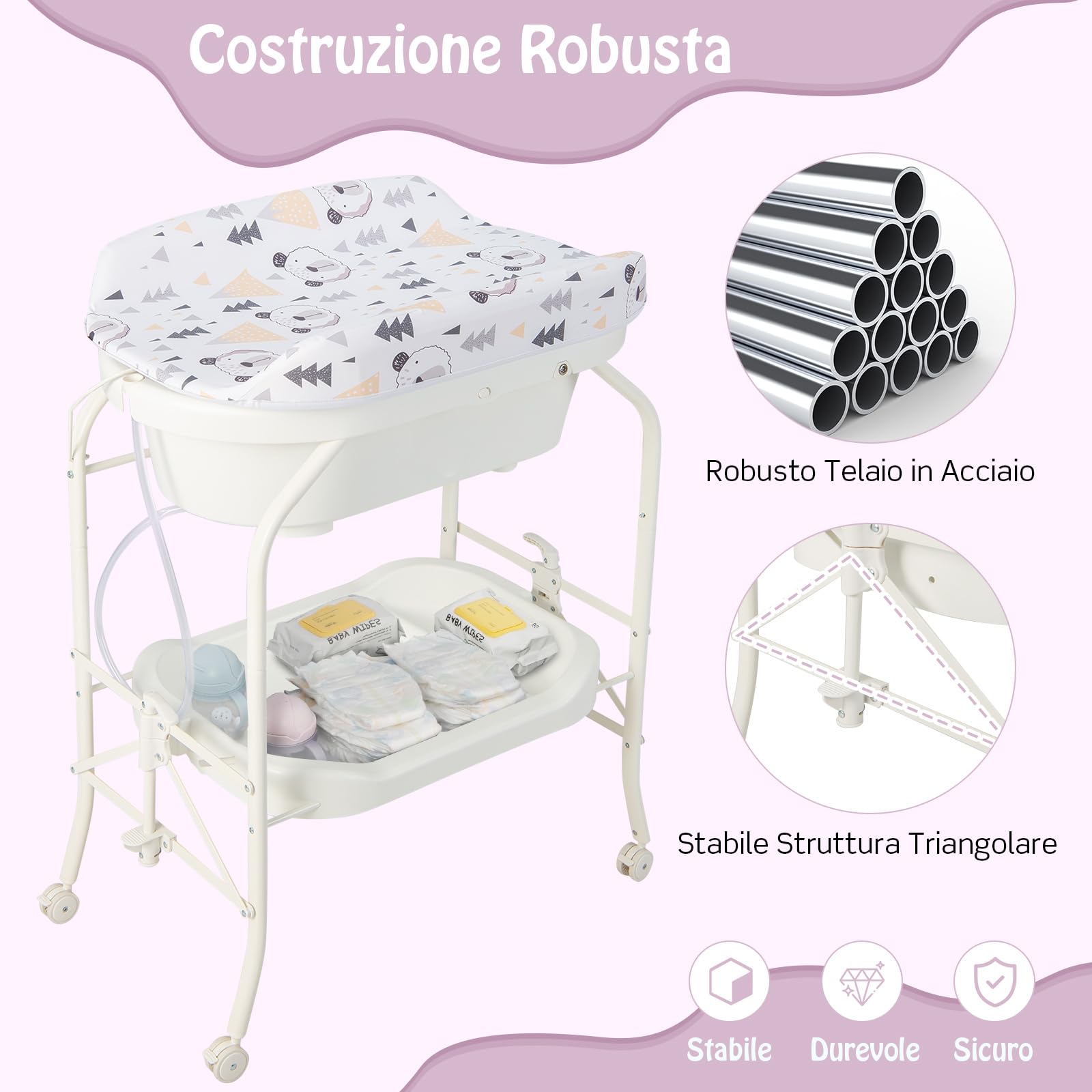RELAX4LIFE 2 in 1 Fasciatoio con Vaschetta Bagnetto per Neonato, Fasciatoio Pieghevole con 4 Ruote Bloccabili, Bagnetto per Neonati 0-12 Mesi, Carico 15KG (Bianco)