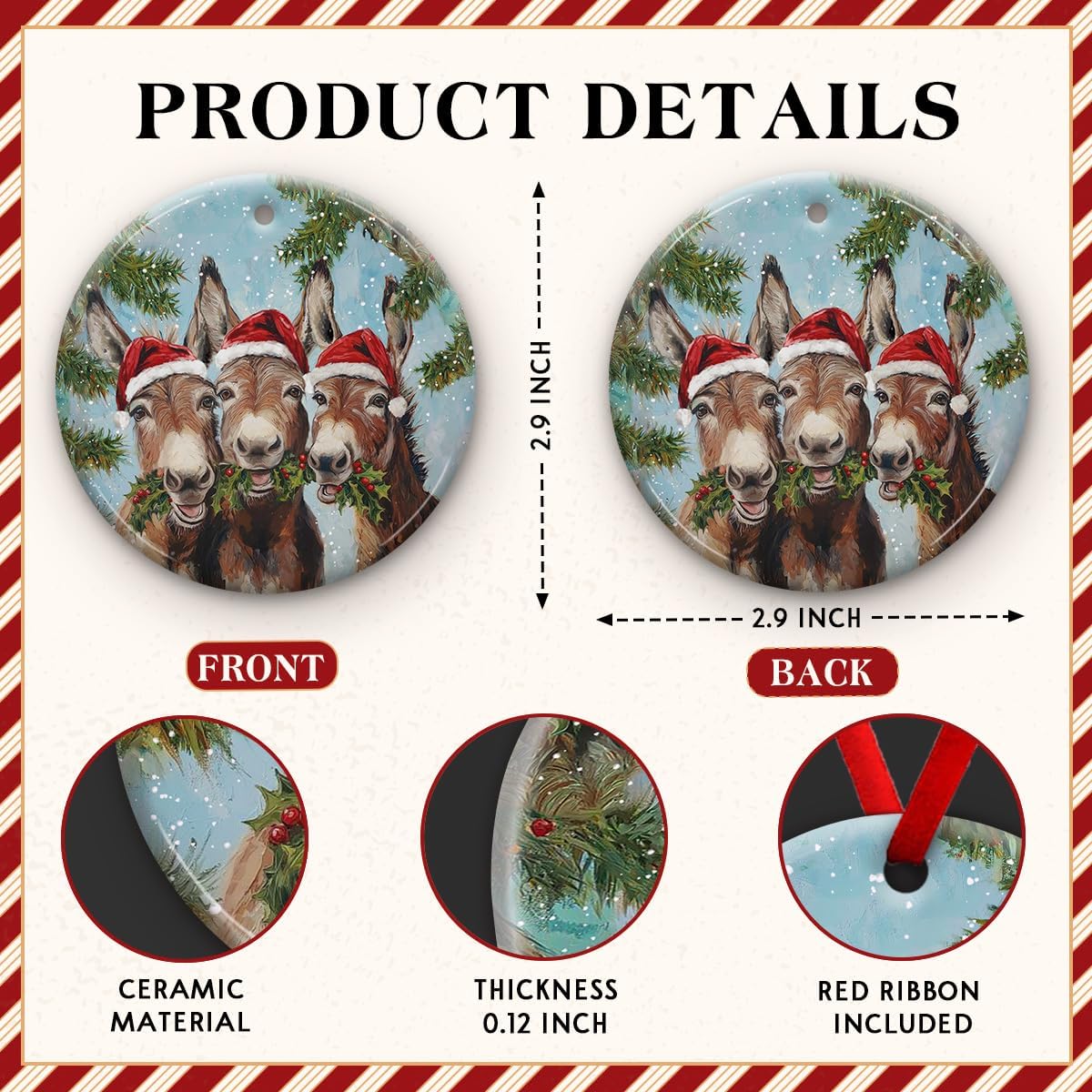 Condition photo showing New/Like New for Funny Donkey Christmas Ornament, Rustic Farmhouse Holiday Decor, Donkeys with Santa Hats, Cute Donkey Lover Gift, Ceramic Tree Decoration, Rustic Christmas Keepsake, Xmas Ideas