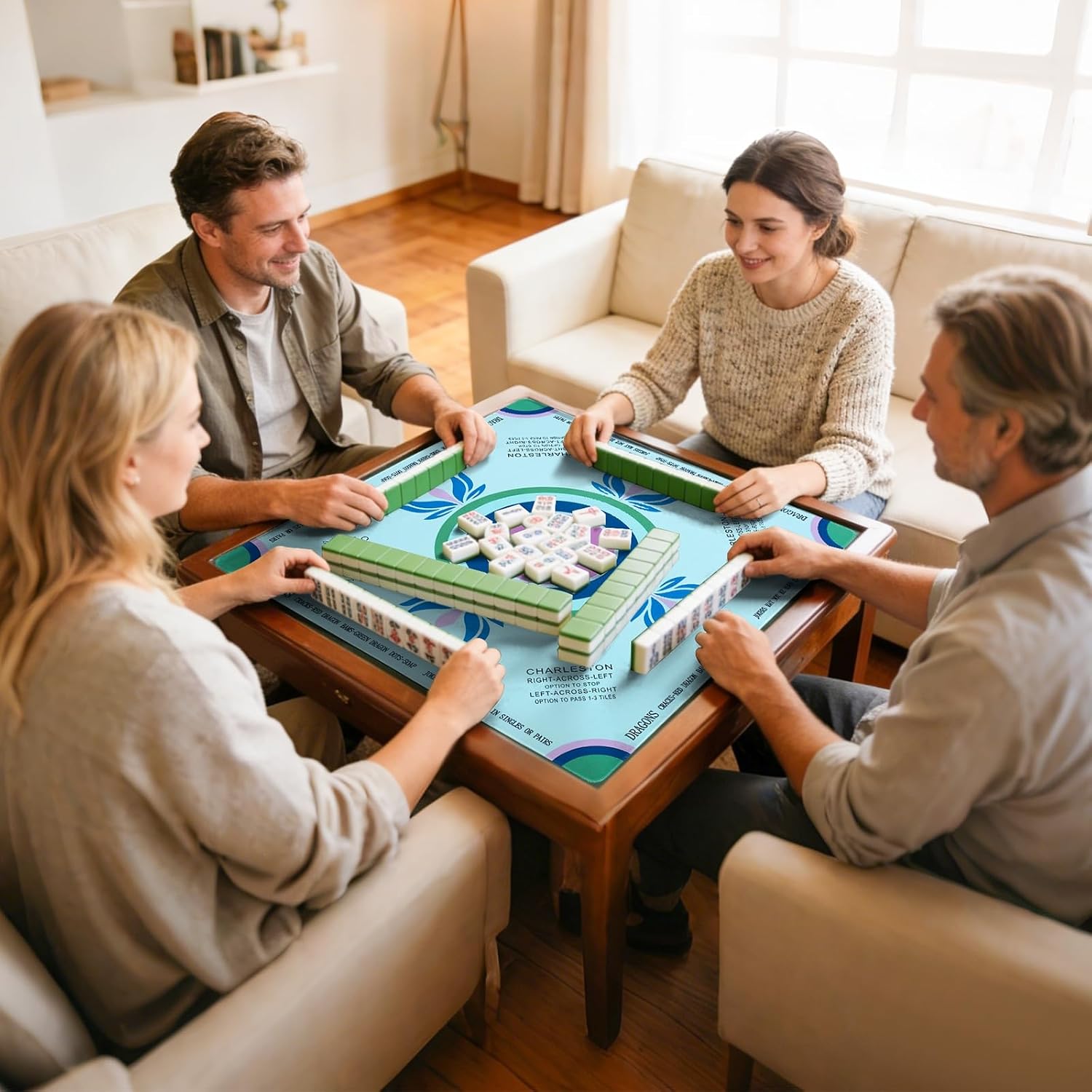 Mahjong Mat for Table Noise Reduction Non Slip, 32.68"x32.68" Hand-Painted Style Rubber Mat, Foldable Design with Carrying Bag, for Mahjong, Poker, Board Games, Tabletop Gaming (Blue Green)