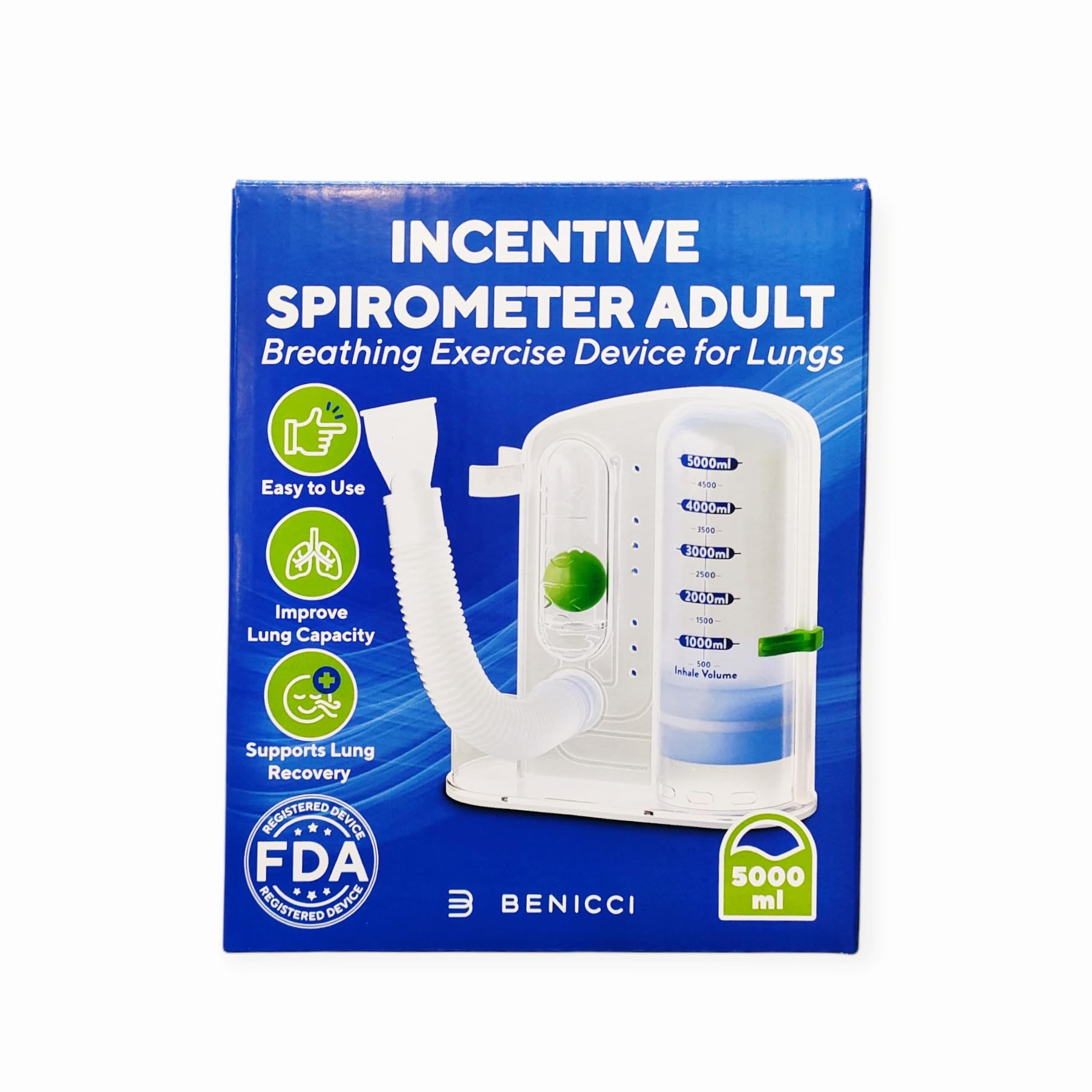 Benicci Incentive Spirometer Adult, FDA Registered Breathing Exercise Device for Lungs, 5000ml Capacity, Lung Recovery Trainer with Easy to Use Design