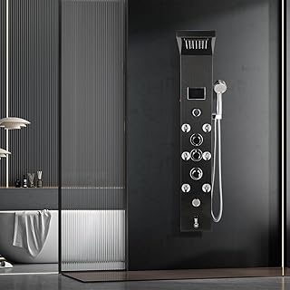 Duschpaneel, Sechs-in-eins-Duschsäule, LED-Temperaturanzeige, Duschpaneelsystem Edelstahl mit Armatur, Regendusche, Wasserfalldusche, Massagedusche, Wanneneinlauf Handbrause, Schwarz
