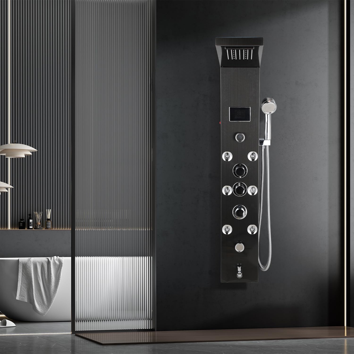 Panel de ducha, columna de ducha seis en uno, indicador de temperatura LED, sistema de panel de ducha de acero inoxidable con grifo, ducha de lluvia, ducha de cascada, ducha de masaje, ducha
