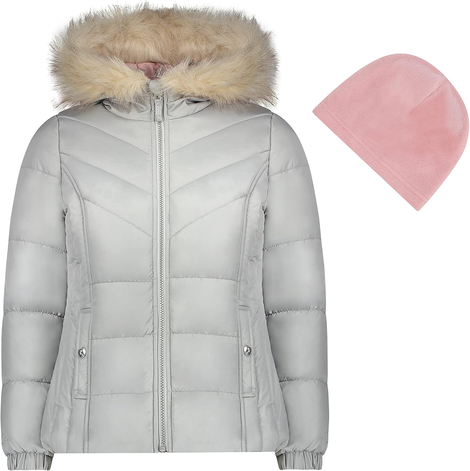 LONDON FOG Girls' Quilted Puffer Winter Jacket with Fleece Hat