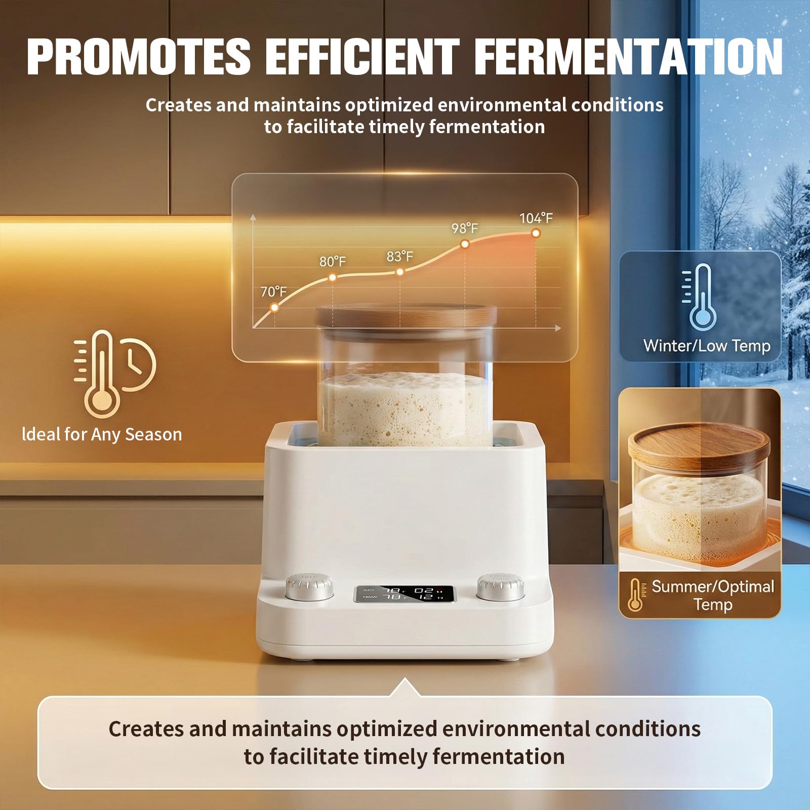 Chauffe-levain - Chauffe-pâte à pain précis avec thermostat (70-104 °F) - Réglage de la température - Minuterie 198 h - Chauffe-levain au bain-marie - Pour pain, yaourt, bière et kombucha