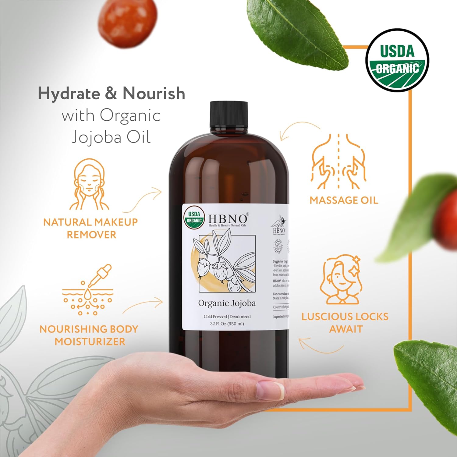 HBNO Organic Jojoba Oil - 32 oz (950ml) Value Size - Ideal for Shampoos, Conditioners, Massage Blends, Face wash, Lotions, and Skin Care Products.