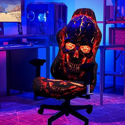 Blacklight Gaming Chair Cover – UV Reactive Flaming Skull Esports Chair Slipcover, Glow in The Dark Neon Skeleton Chair Protector, Stretchable & Washable for Gaming & Office Chairs