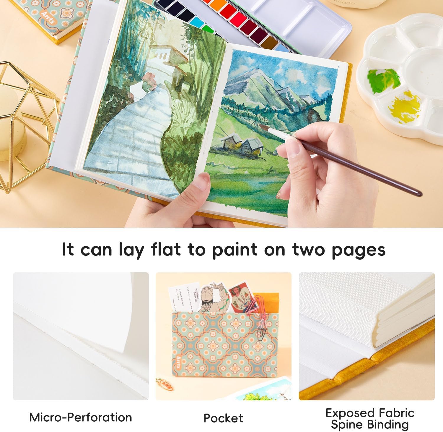 Arrtx Watercolor Sketchbook,100% Cotton Acid-Free 140lb/300gsm Hot Press Hardcover Watercolor Journal Notebook,20 Sheets 5.35 x 3.86 inches
