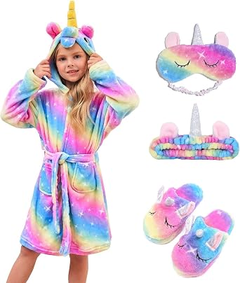 CHETOSHO Soft Unicorn Hooded Robe with Matching Slippers Headband and Blindfold for Girls