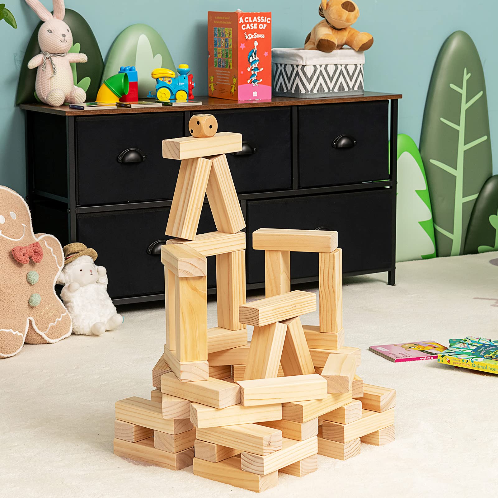 COSTWAY 54 Blocchi di Legno di Pino con Angoli Curvi, Mattoncini Giocattoli, Torre di Legno Gigante con Borsa di Trasporto, Ideale per Feste e Party