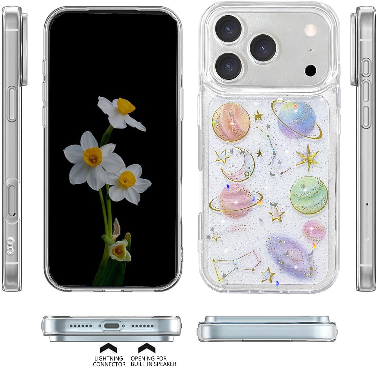 Abbery for iPhone 17 Pro Case Star and Moon Pattern Cute Clear with Planet Space Theme Design Glitter Sparkly Soft TPU Shockproof Protective Women Girl's Phone Case for iPhone 17 Pro - Image 7