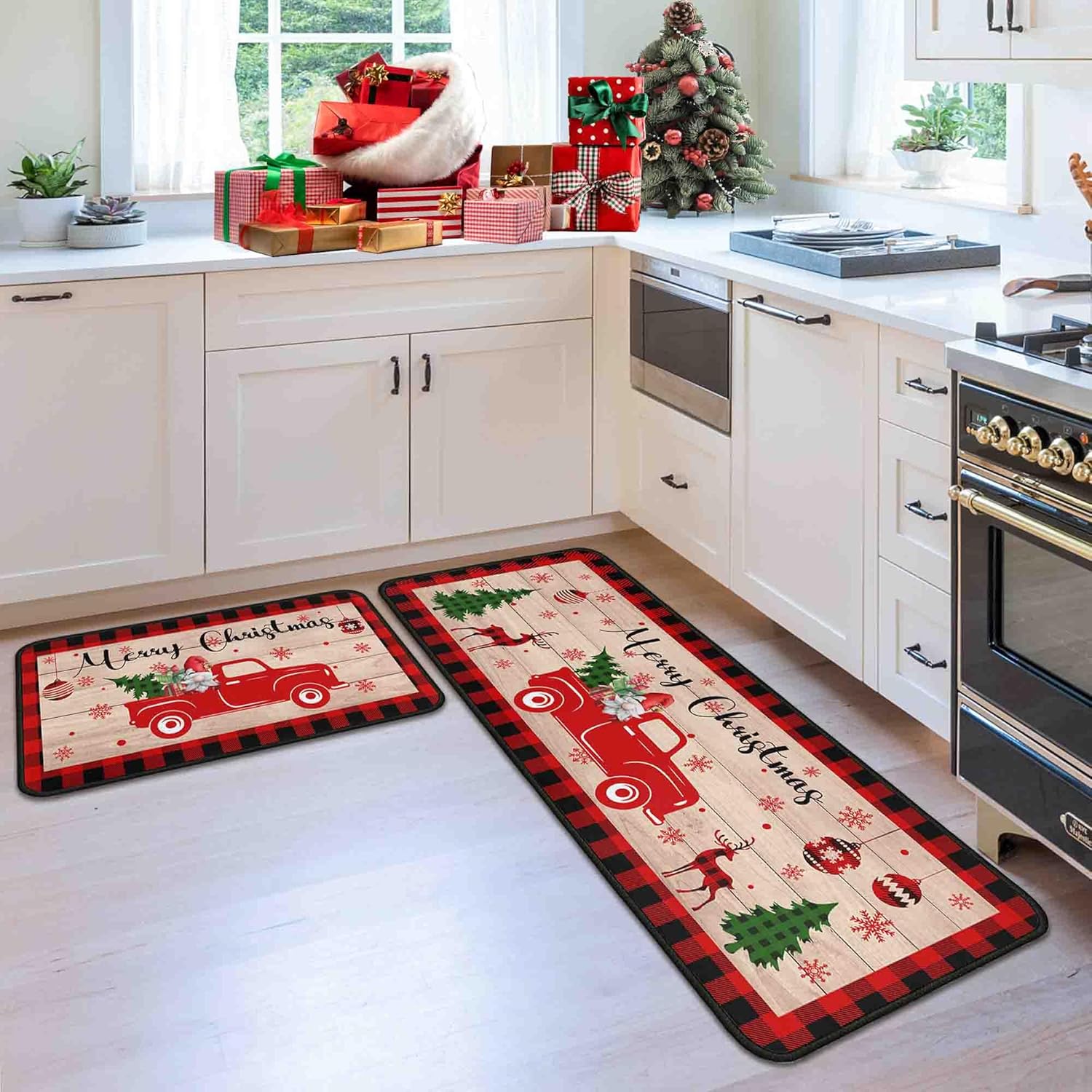 2 Pcs Christmas Kitchen Rugs and Mats for Floor Non-Slip Backing Mat Merry Christmas Kitchen Decor Anti Fatigue Kitchen Rug Sets with Runner Xmas Decor (Christmas 05, 17"x47.2"+17"x30")