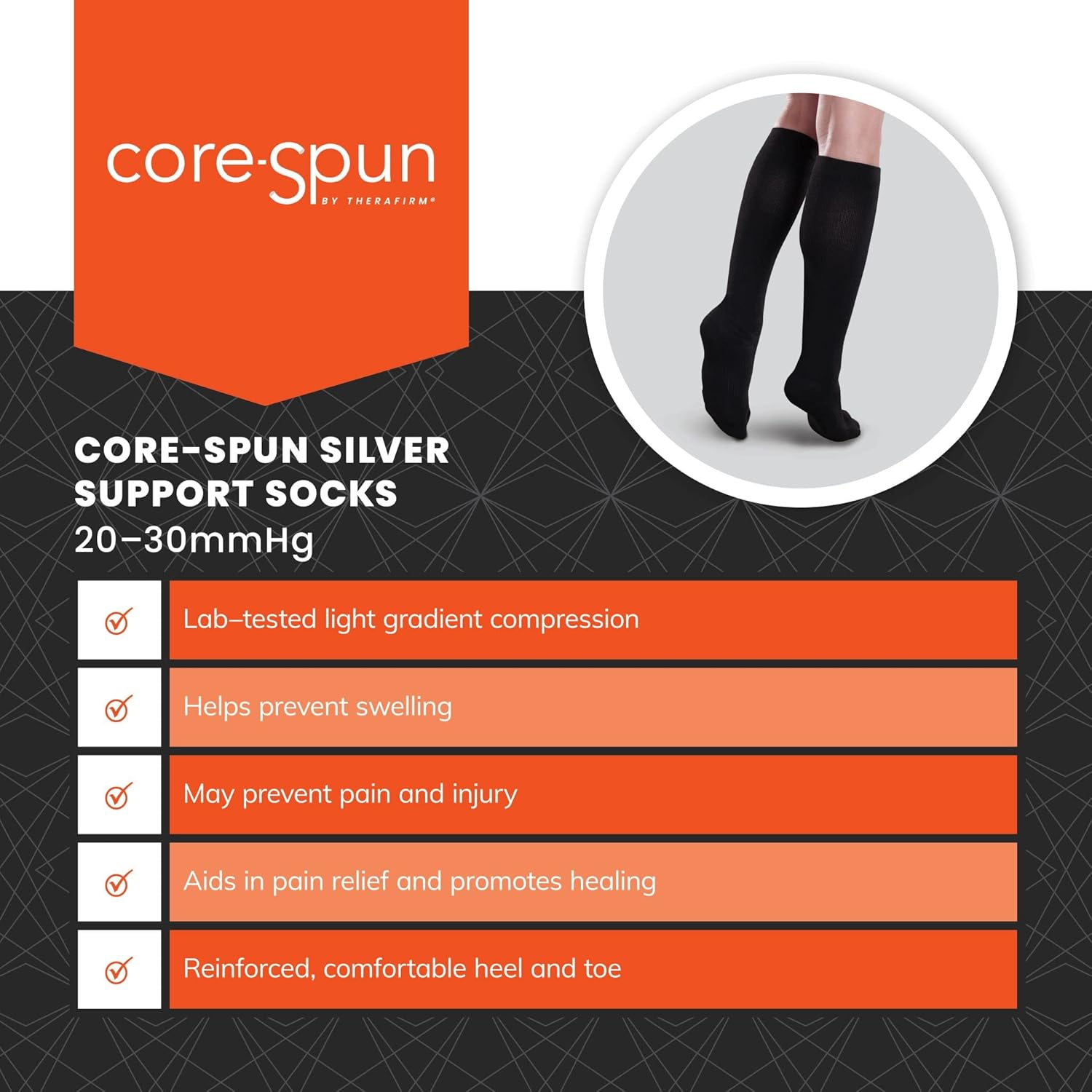 CoreSpun Silver Moderate Support Socks (20-30mmHg) - Silver/X-STATIC