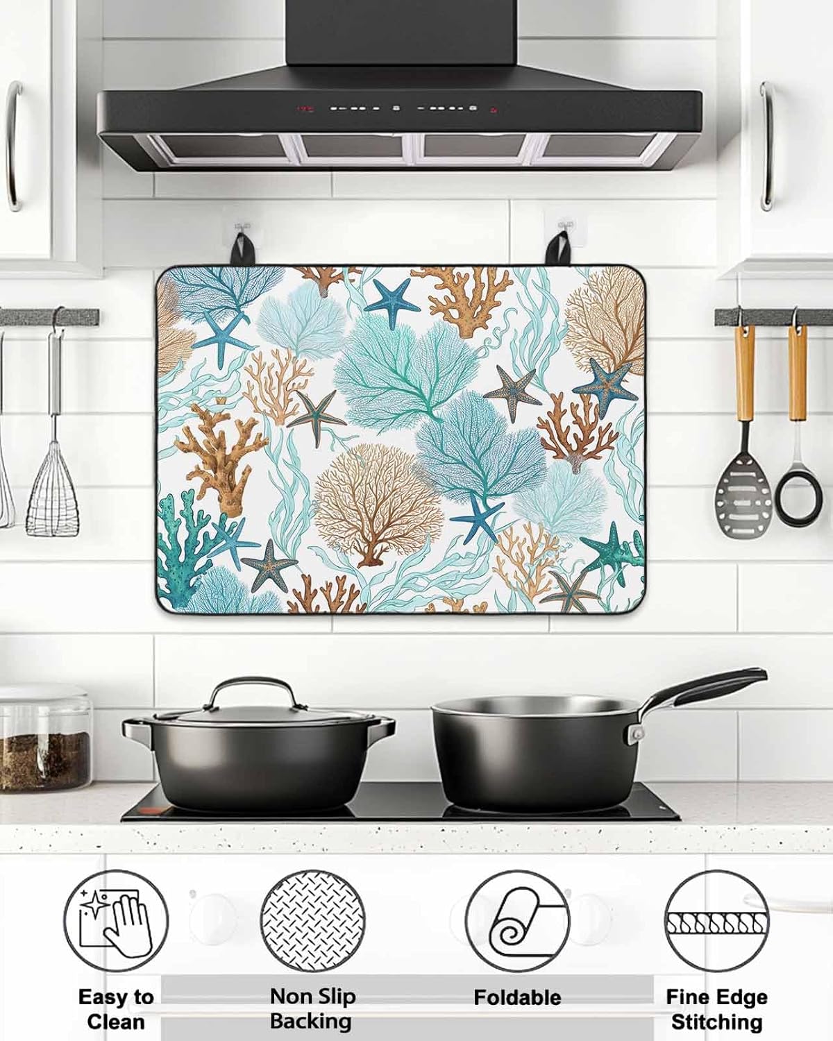 Stove Top Cover Teal Green Starfish Coral Stove Cover for Electric Stove Top Summer Beach Ocean Glass Cooktop Covers Anti-Slip Mat Heat Resistant Countertop Protector Kitchen Decor 28.5"x20.5"