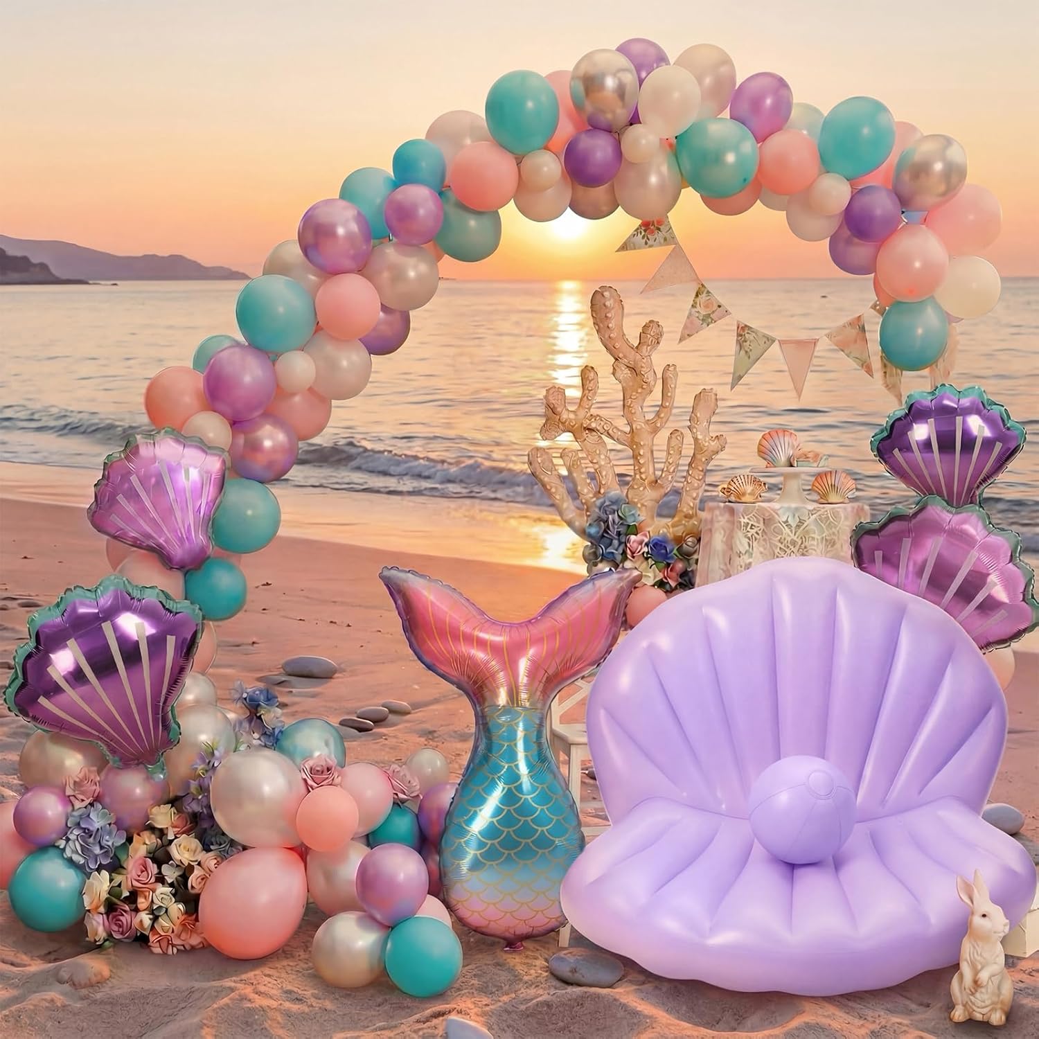 55 Inch Inflatable Seashell Pool Float with 154 Mermaid Party Balloon Garland Kit Giant Clam Floaties with 9.8'' Pearl Ball Mermaid Birthday Party Decoration for Under The Sea
