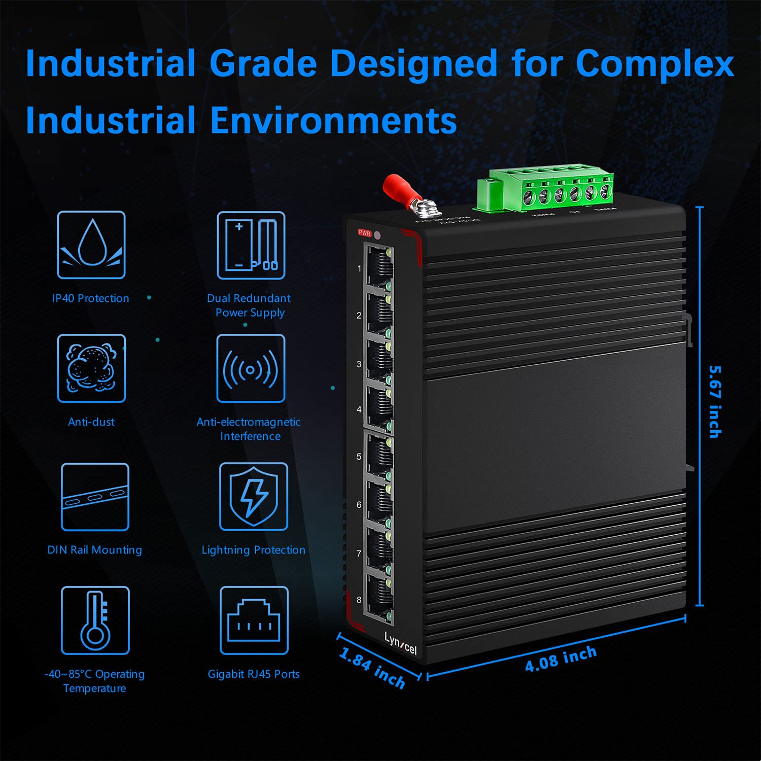 8-portowy gigabitowy przemysłowy przełącznik Ethernet na szynę DIN, pojemność przełączania 16 Gb/s, niezarządzany przełącznik sieciowy 10/100/1000 Mb/s, klasa IP40 (-40 do 85.0 °C) z jednym