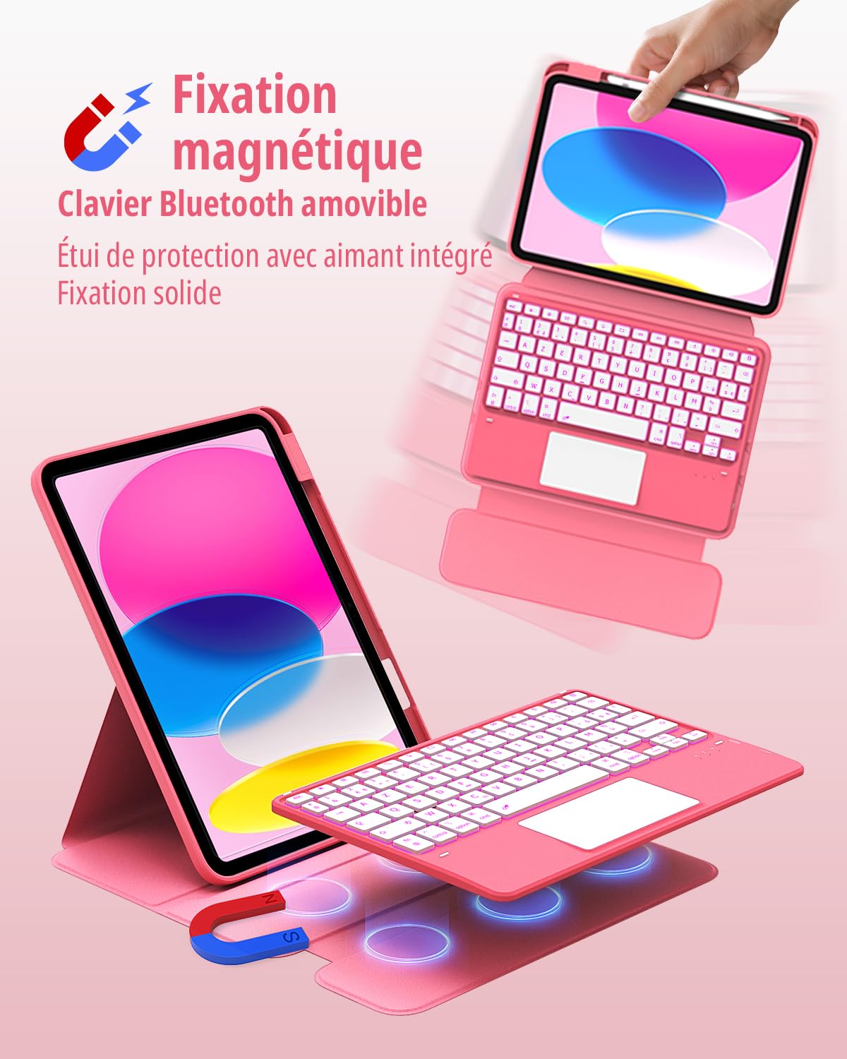 CACOE Étui Clavier Rotatif 360° pour iPad (A16) 11/10 EME Génération (11"/10,9") 2025/2022 avec Pavé Tactile, Rétroéclairage 7 Couleurs, Clavier sans Fil Détachable avec d'assistance, Rose
