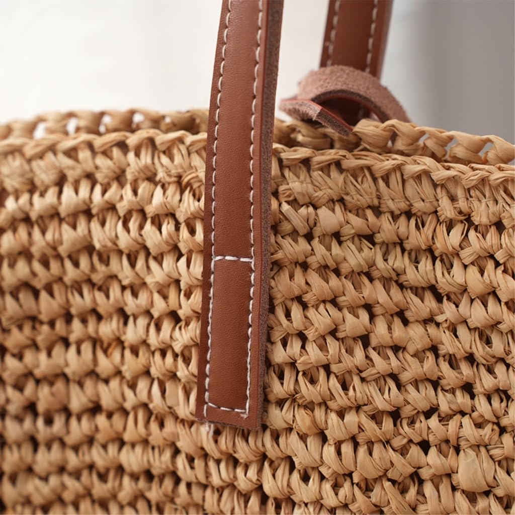 Geflochtene Tragetasche,Handtasche Gewebte Einkaufstasche aus Stroh, Schultertaschen, Sommer-Raffia-Rindsleder-Nähte, gewebte Tasche, Ledergriff, Umhängetasche, Messenger-Handtasche, Strohtaschen