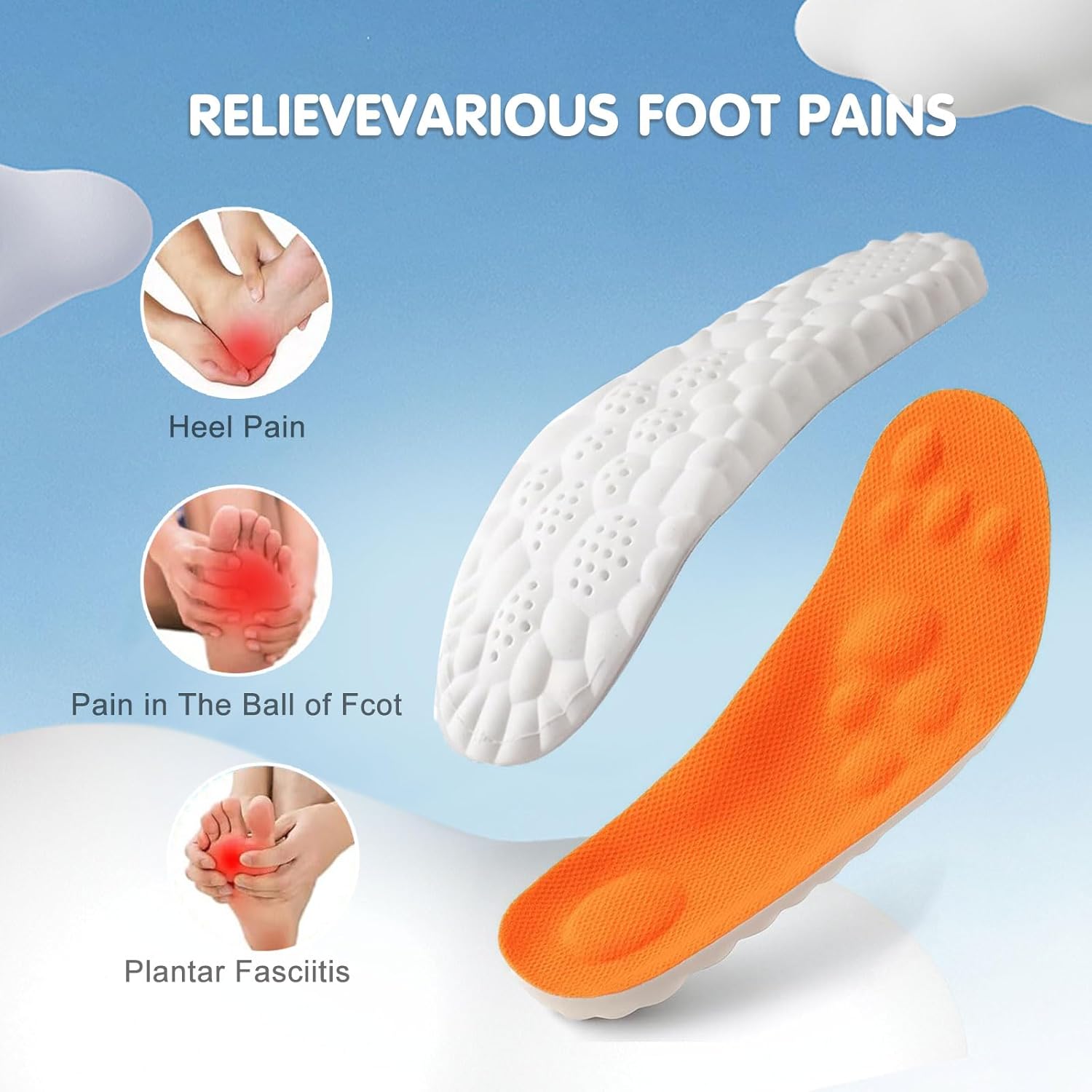 4D Cloud Insoles for Men Women, Plantar Fasciitis Insole, Memory Foam Cloud Insoles, Trim to Fit Arch Support for Foot, Comfort Breathable - 2 Pairs (Orange, Men 9-10/ Women 11-12) - Image 5