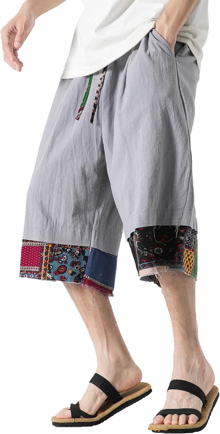 DOSLAVIDA Men's Linen Harem Capri Pants Loose Fit Yoga Beach Shorts Elastic Waist Wide Leg Baggy Cropped Trousers D-Grey