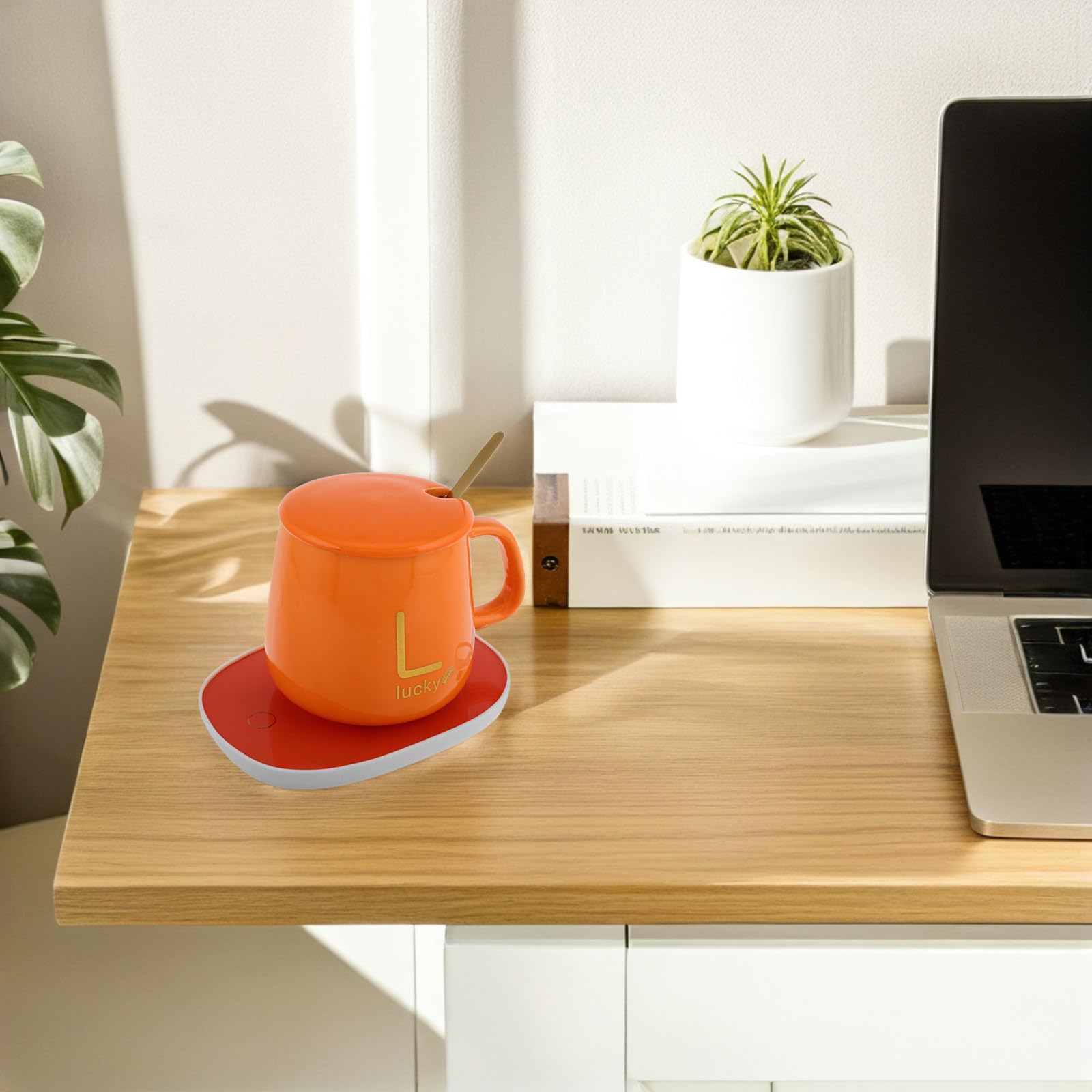 Calentador Eléctrico de Tazas de Cerámica Naranja con Apagado Automático Taza de Viaje Termo USB 5v Mantiene Bebidas Calientes para Café Té y Chocolate Adecuado Obsequio para