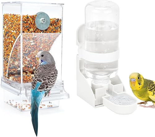 Miniatura 15 de Rypet Juego de dispensador de agua para pájaros sin ensuciar, alimentador automático para pájaros para jaula, contenedor de alimentos transparente