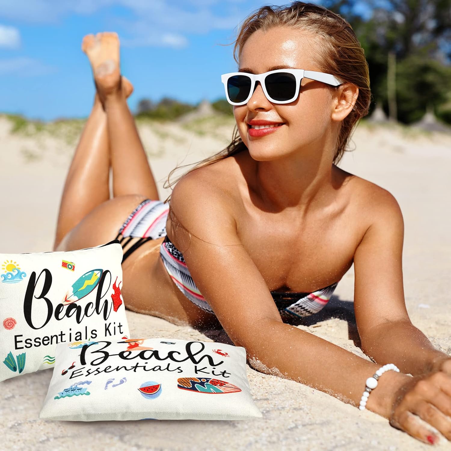 Chunful 12 Pcs Makeup Bag Summer Themes Cosmetic Bag Bulk Portable Essentials Kit Survival Kit Flamingo Palm Leaves Cosmetic Pouch with Zipper for Women Travel Accessories(Beach) - Image 6