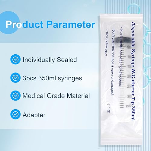 Miniatura 4 de Paquete de 3 jeringas de 11.8 fl oz con adaptadores de tubo y punta de 82.7 pulgadas, jeringa de plástico grande para laboratorios científicos,