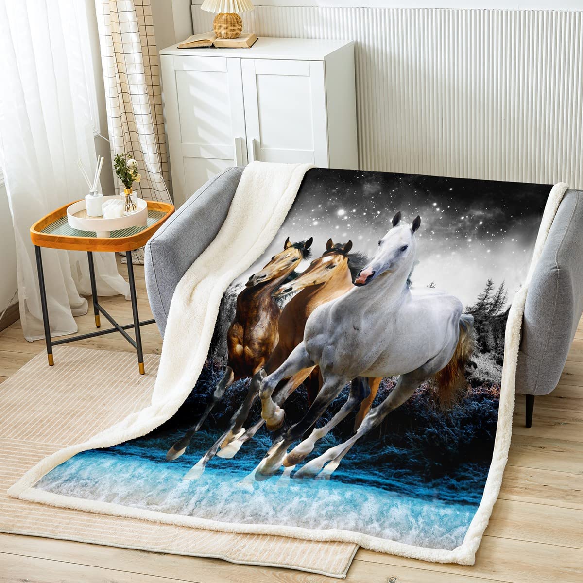 Horse Sherpa Blanket Galloping Horse Fleece Throw Blanket for Kids Boys Girls Wildlife Plush Blanket Farm Animal Fuzzy Blanket for Sofa Bed,Double 60x79 Inch