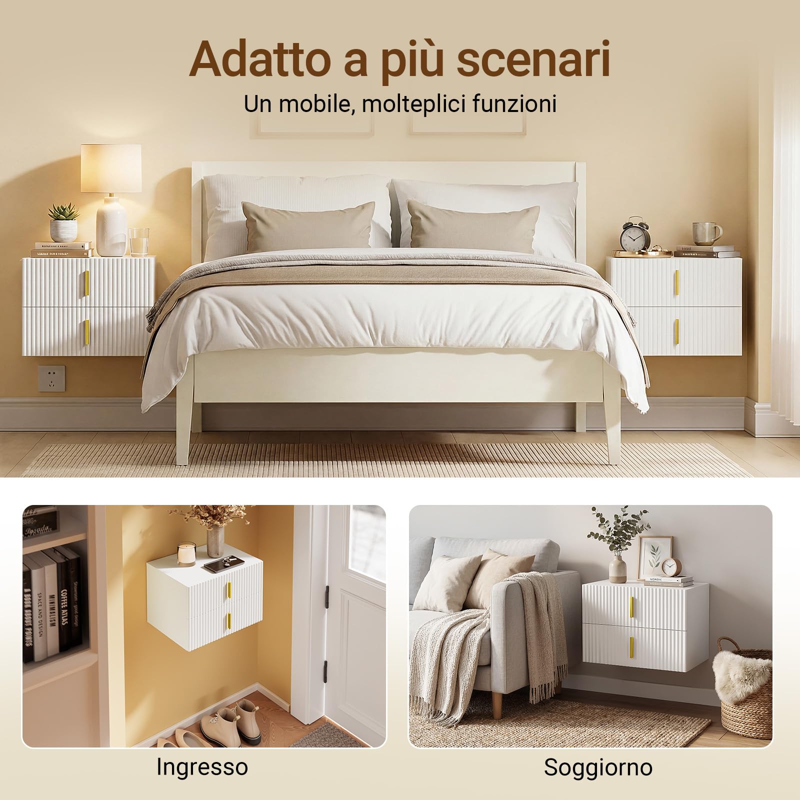 SoBuy comodino sospeso con luce LED a sensore e 2 cassetti, 40x30x30cm | Mensole da muro con fronte ondulato del cassetto, maniglia dorata, PB+MDF, per camera da letto/ingresso, FBT177-E-W