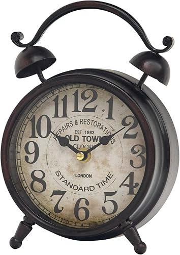 Reloj de escritorio vintage marrón oscuro con acabado envejecido, reloj de mesa rústico de granja, reloj de mesa silencioso sin tictac para