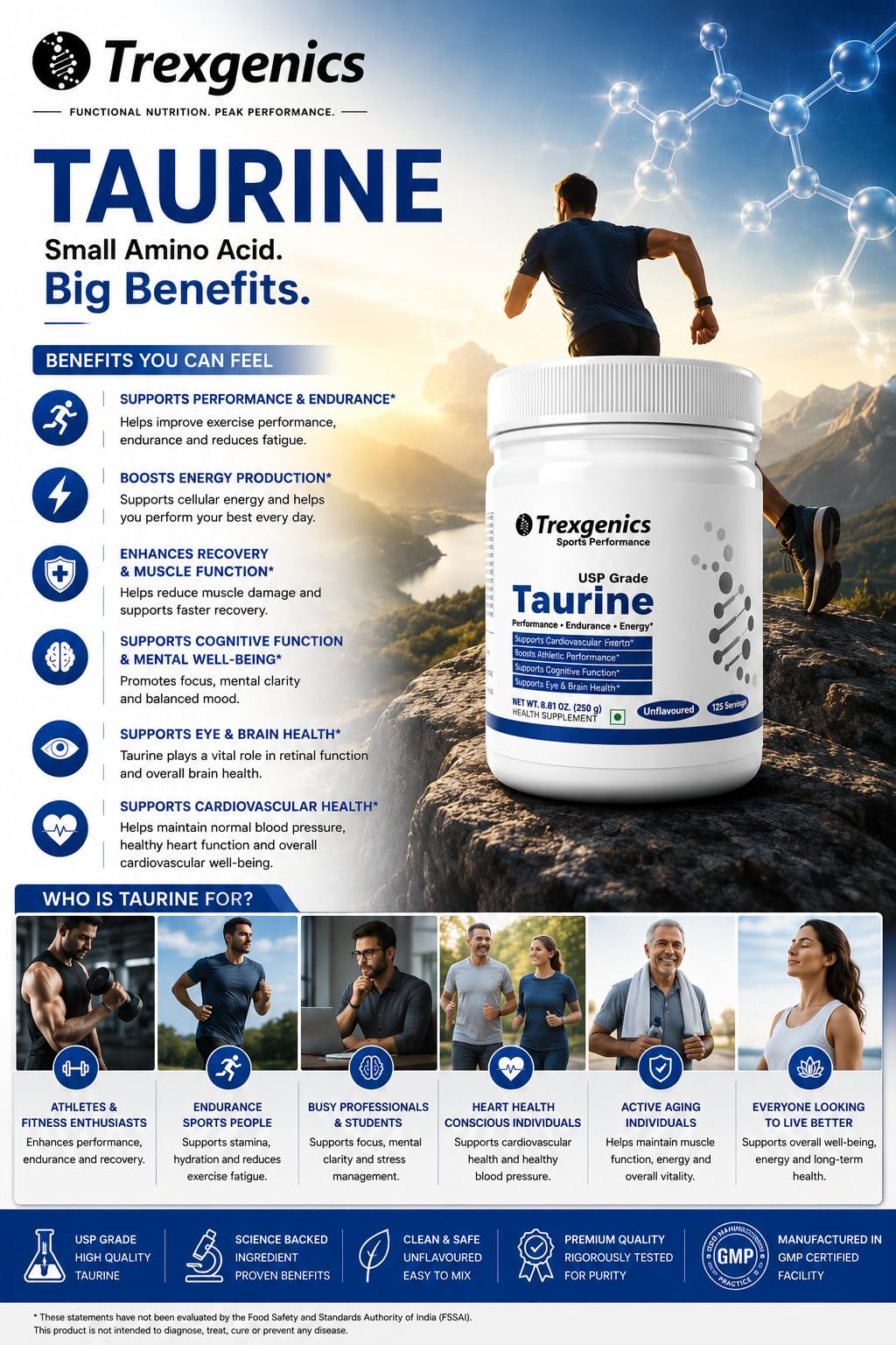 Trexgenics TAURINE USP grade PURE POWDER Nervous System, Energy, Heart, Cardiovascular system, Brain, Eye Health Support (250 GRAM) 4