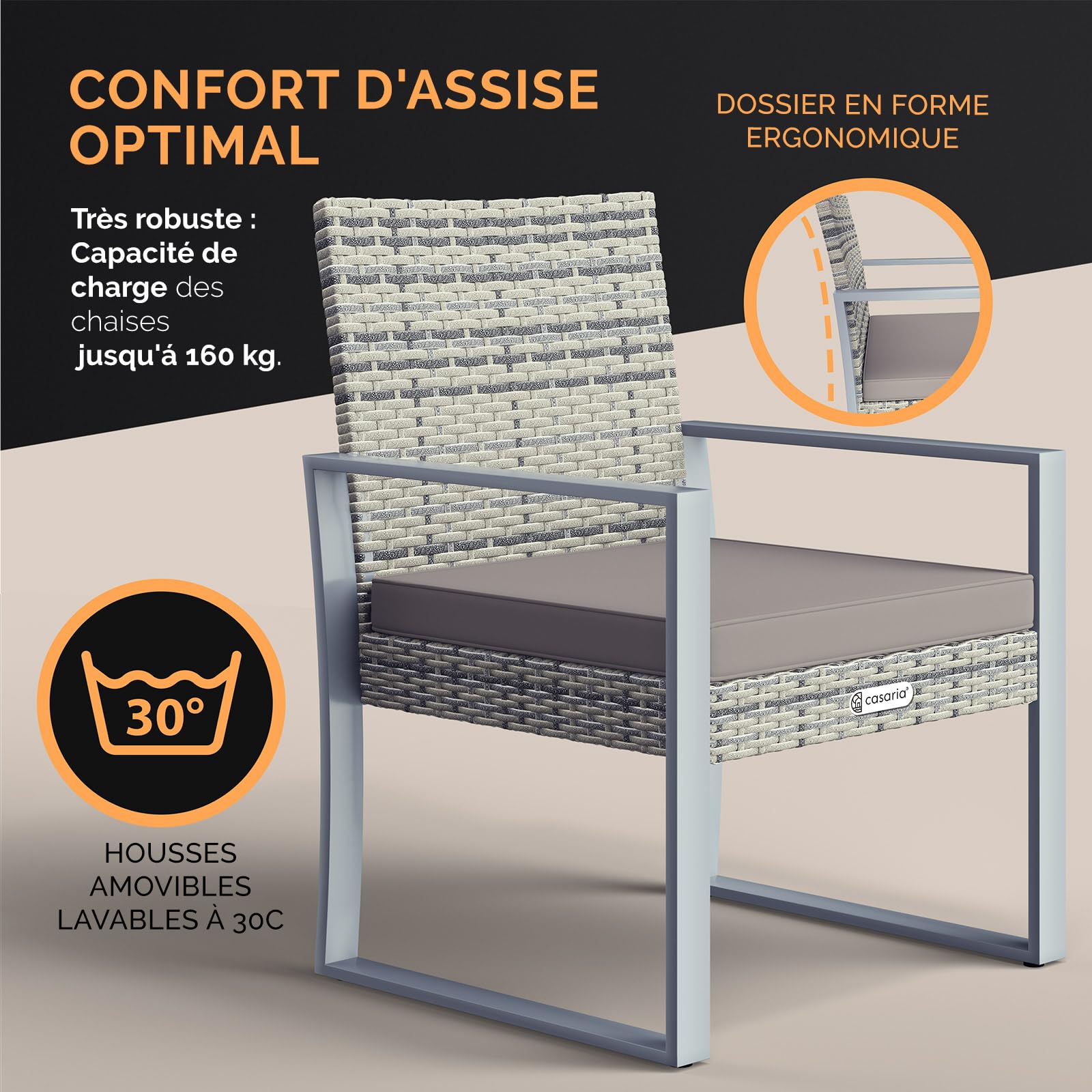 Casaria® Salon de Jardin Gris WPC en polyrotin 2 chaises 1 Table Pieds réglables Résistant aux intempéries Balcon Meubles Lounge Set
