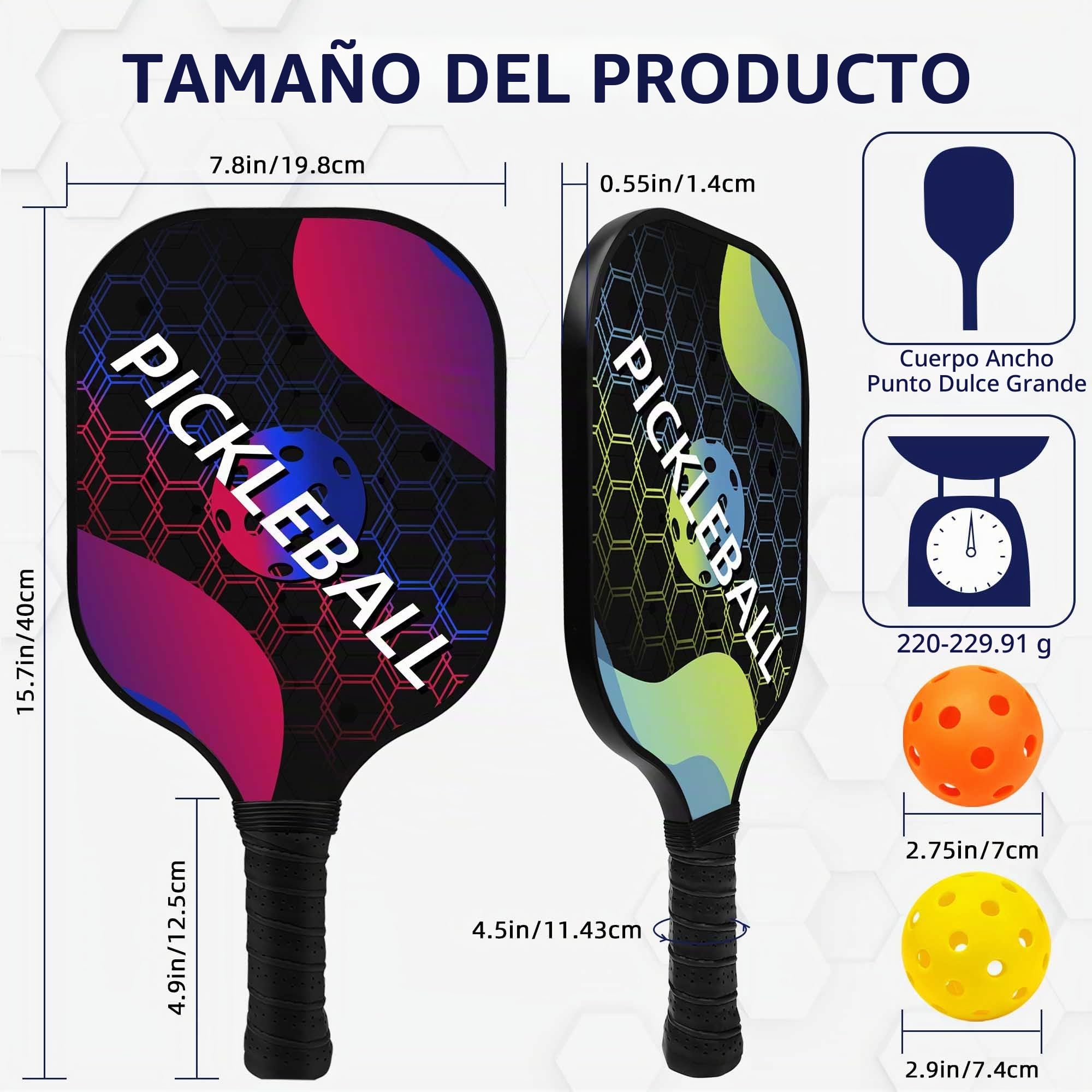 Palas de Pickleball, Set de 2/4 Raquetas Pickleball de Fibra de Vidrio con 4 Bolas para Jugar al Exterior y Interior, 1 Bolsa