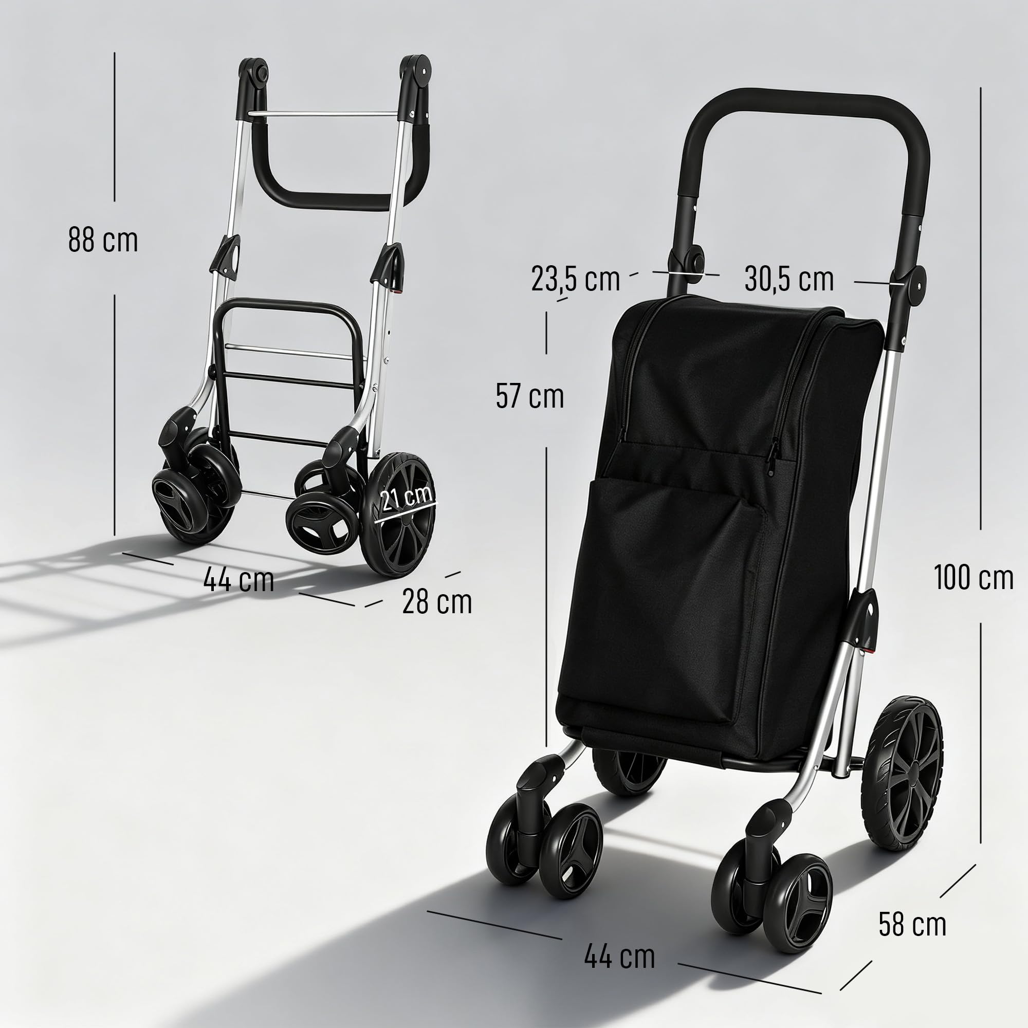 HOMCOM Einkaufstrolley Klappbar mit Kühlfach, 46L, Schwarz | Einkaufswagen, 3in1 Trolley, Sackkarre & Umhängetasche, Verstellbar Griff, Einkaufsroller mit Abnehmbarer Tasche, 6 Rädern