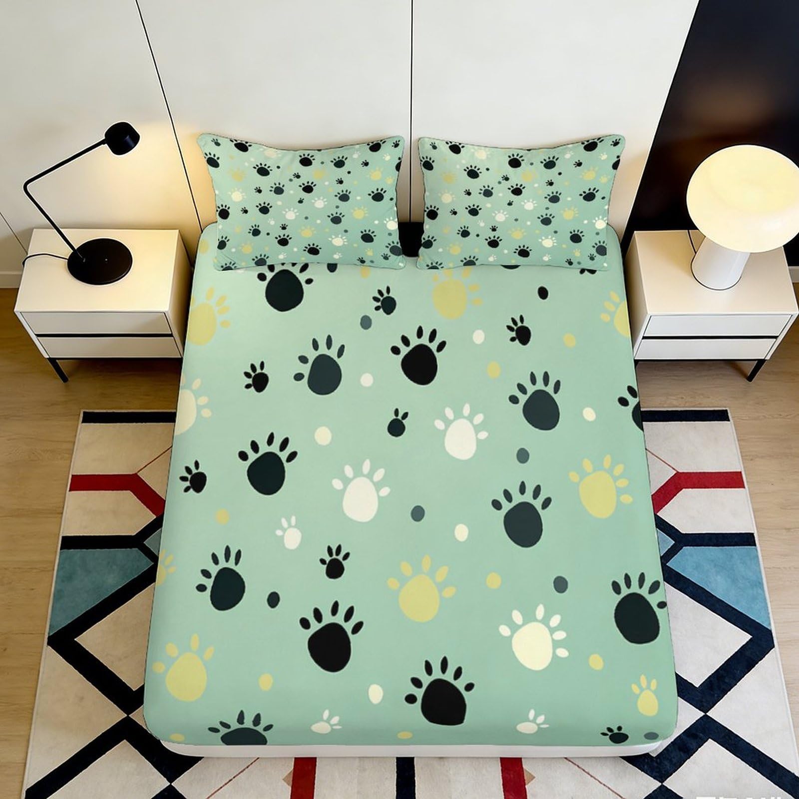 Pnayamiorkfel Style-5 3D Printed Paw Print Fitted Sheet Microfiber Mint Green Animal Tracks Bed Cover For Bedroom Dorm Room Decor 90X200x25cm