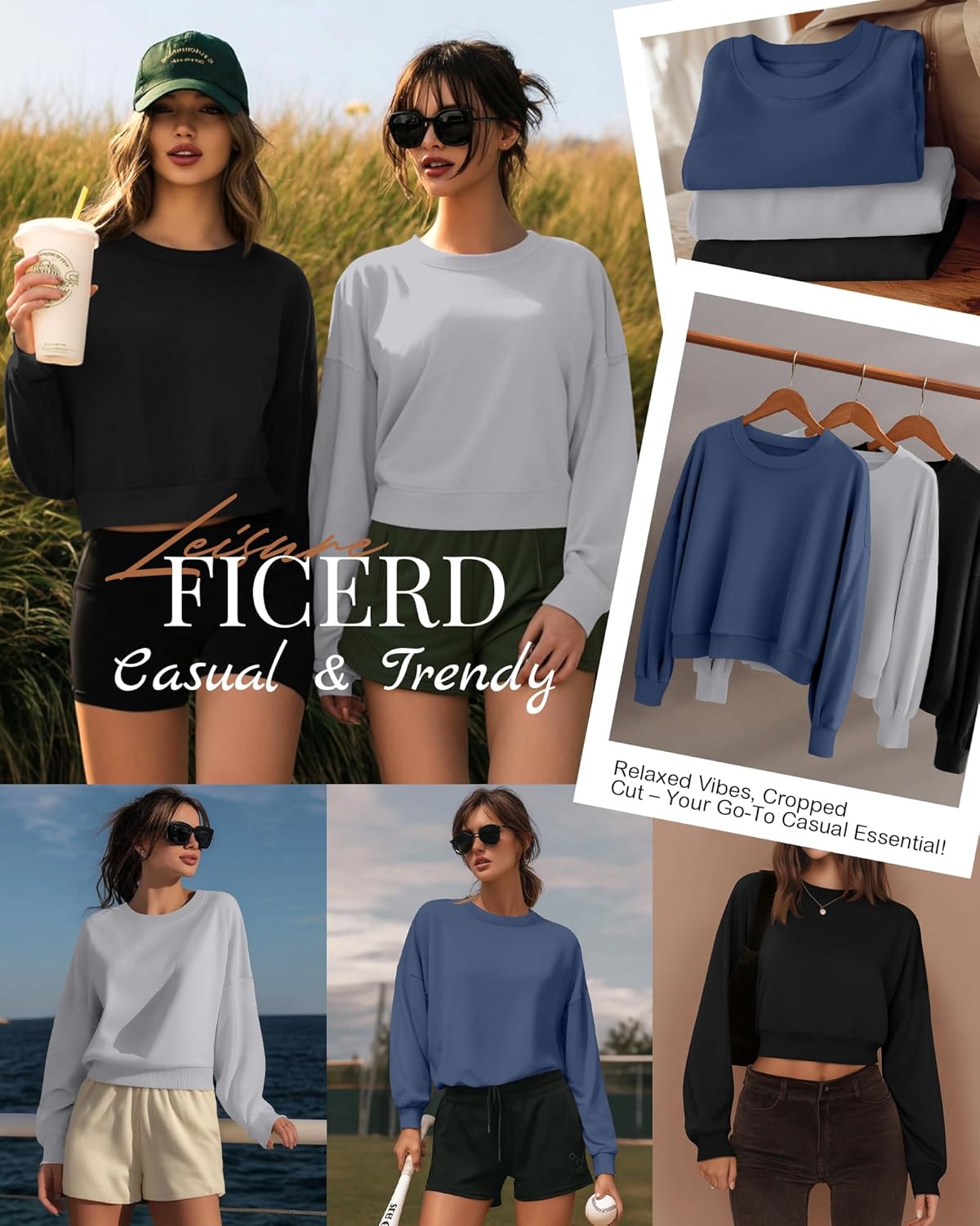 Ficerd 3 Pack Women's Cropped Sweatshirts Long Sleeve Cotton Crew Neck Pullover Tops Casual Solid Sweat Shirts - Image 5