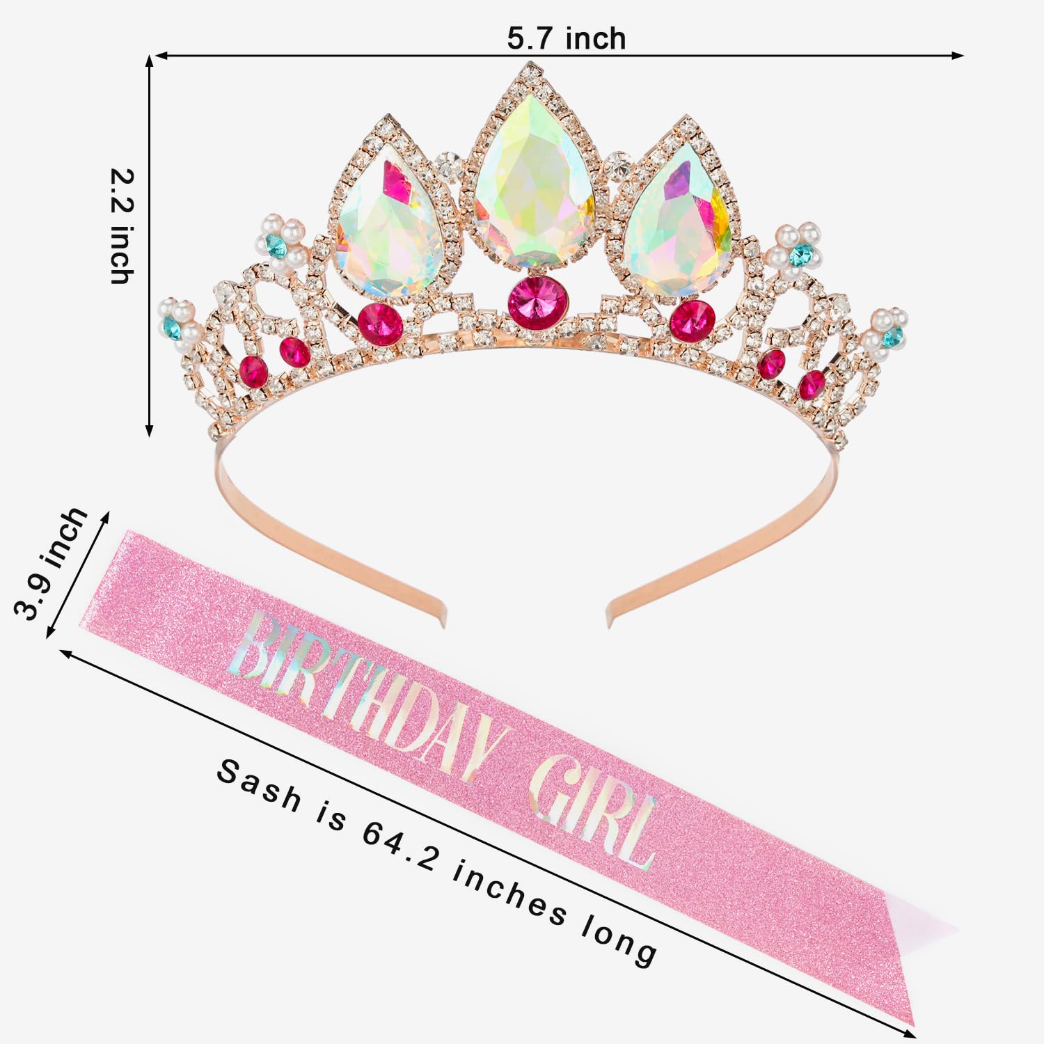 Princess Birthday Crown & Sash Set - Gold Tiara With Crystal For Girls Birthday Party